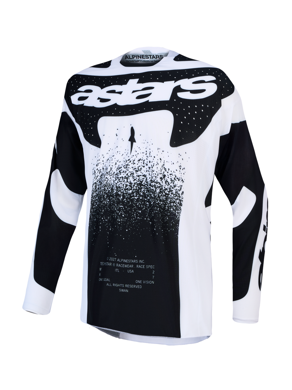 Alpinestars Techstar Swan, męska koszulka motocrossowa, biała i czarna, lekki elastyczny materiał stretch.