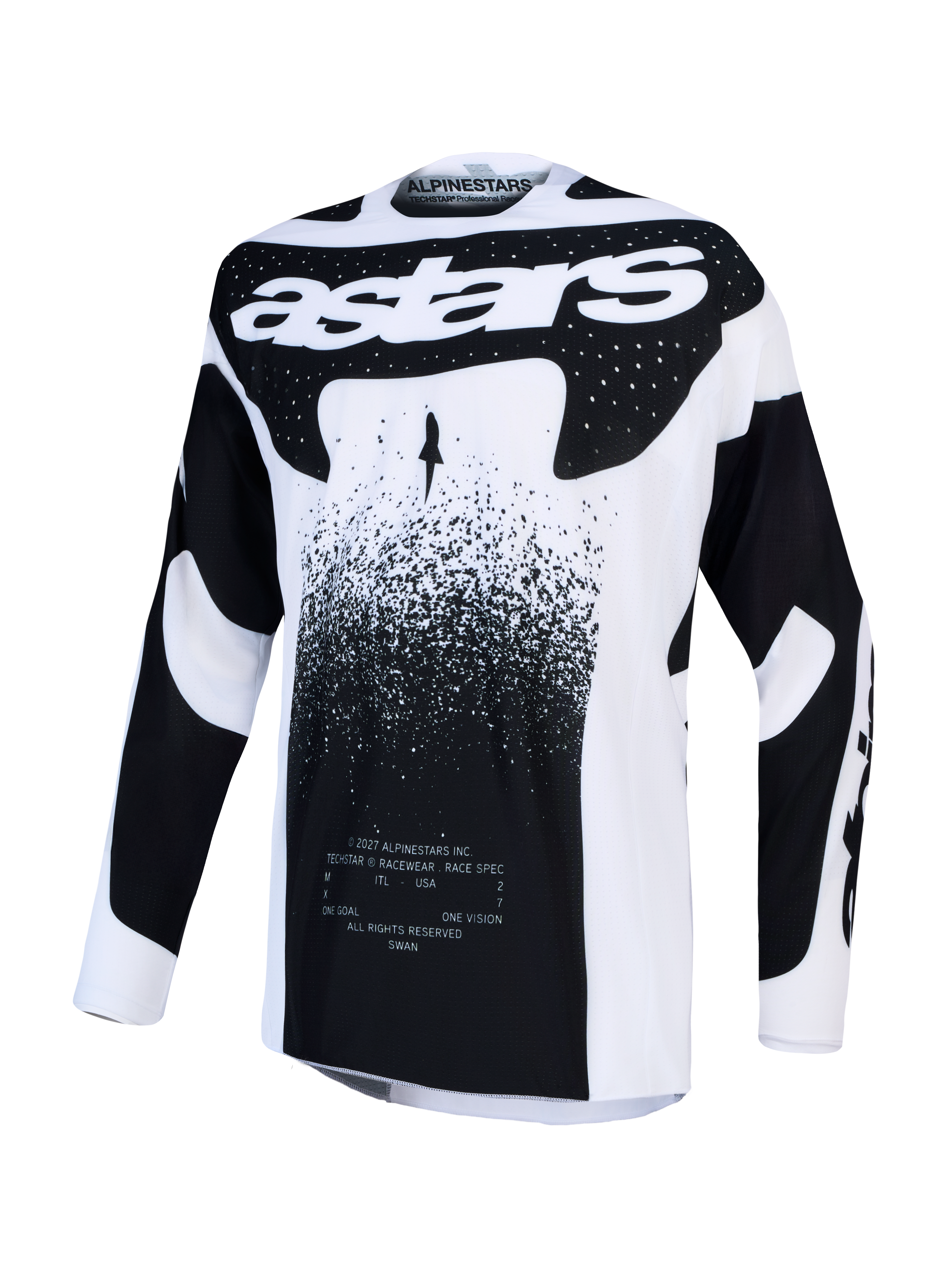 Alpinestars Techstar Swan, męska koszulka motocrossowa, biała i czarna, lekki elastyczny materiał stretch.