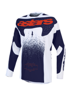 Alpinestars Techstar Swan Jersey, athletic race-fit motocross top in light lilac, dark gray, and red fluo textile.