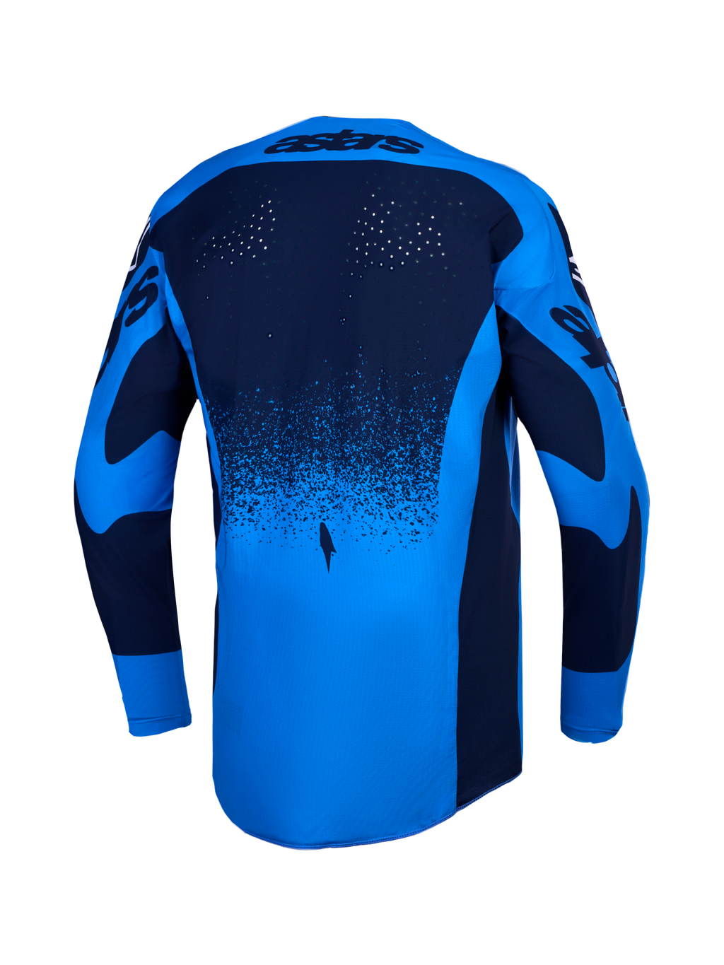 Alpinestars Techstar Swan, męska koszulka motocrossowa, niebieska i granatowa, perforacje laserowe i przedłużony tył.