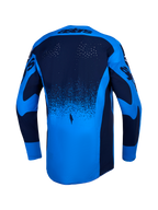 Alpinestars Techstar Swan, męska koszulka motocrossowa, niebieska i granatowa, perforacje laserowe i przedłużony tył.