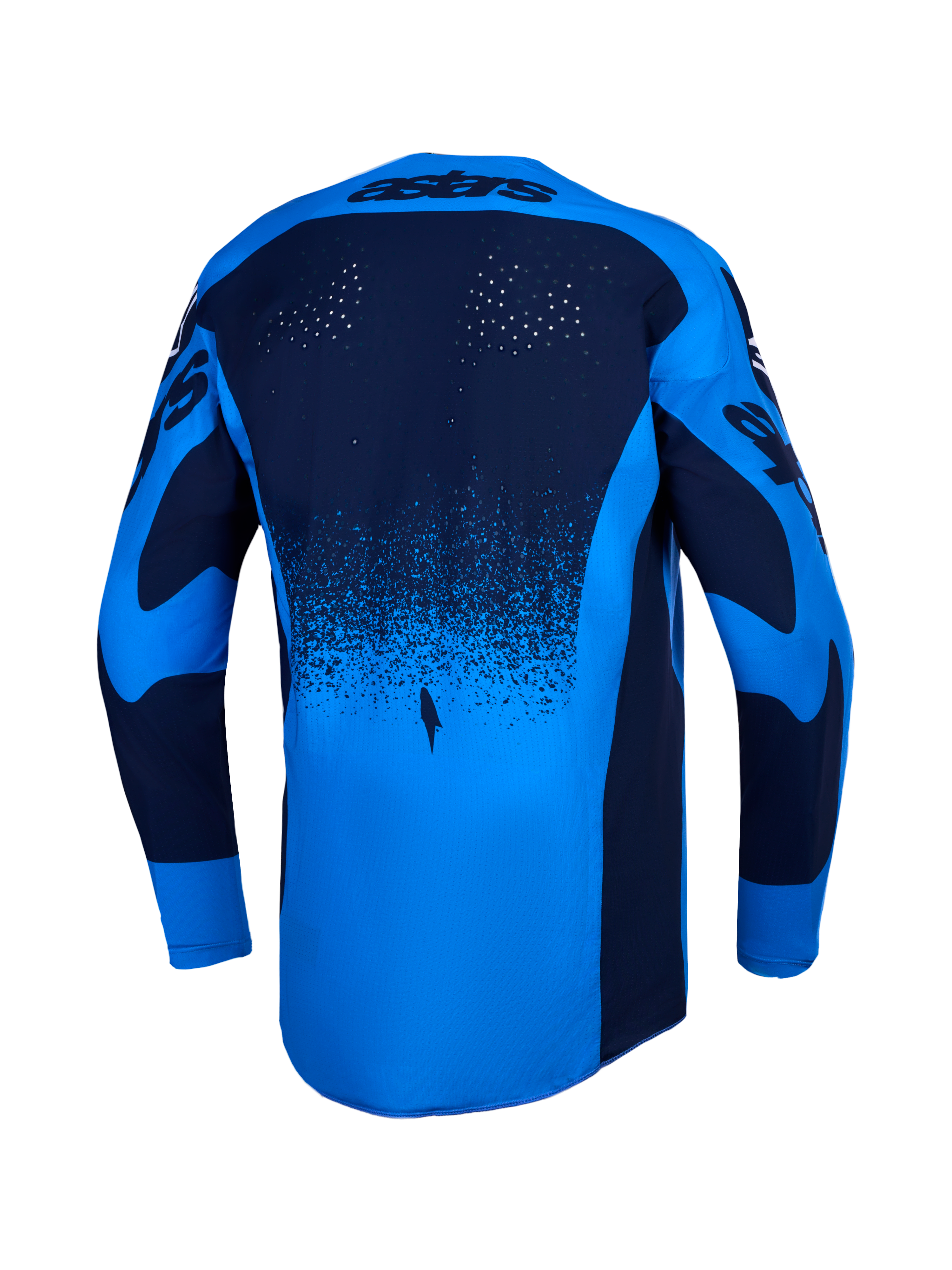 Alpinestars Techstar Swan, męska koszulka motocrossowa, niebieska i granatowa, perforacje laserowe i przedłużony tył.