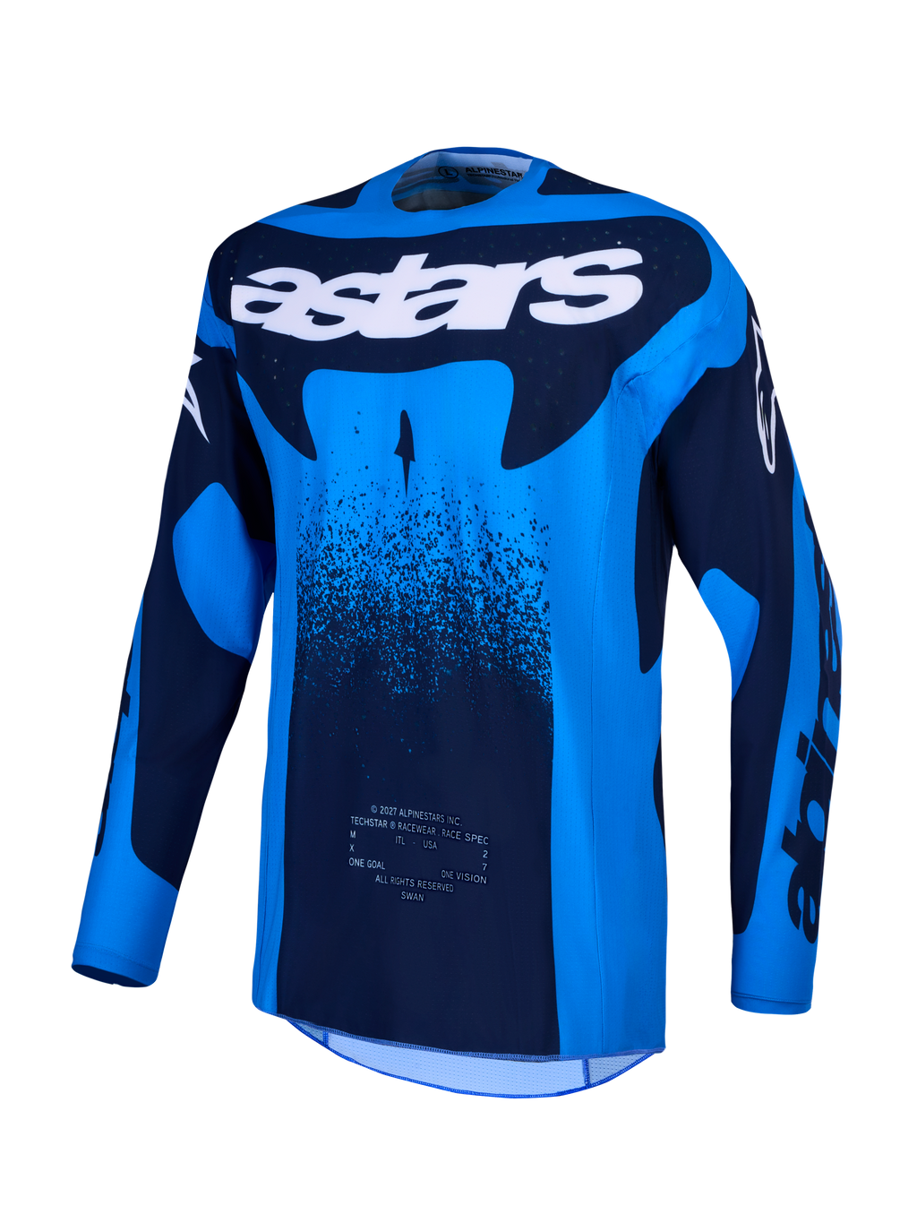 Koszulka Alpinestars Techstar Swan, niebieska i ciemnoniebieska męska koszulka motocrossowa, białe logo astars, laserowo wycinana wentylacja i materiał odprowadzający wilgoć