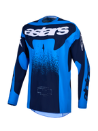Koszulka Alpinestars Techstar Swan, niebieska i ciemnoniebieska męska koszulka motocrossowa, białe logo astars, laserowo wycinana wentylacja i materiał odprowadzający wilgoć