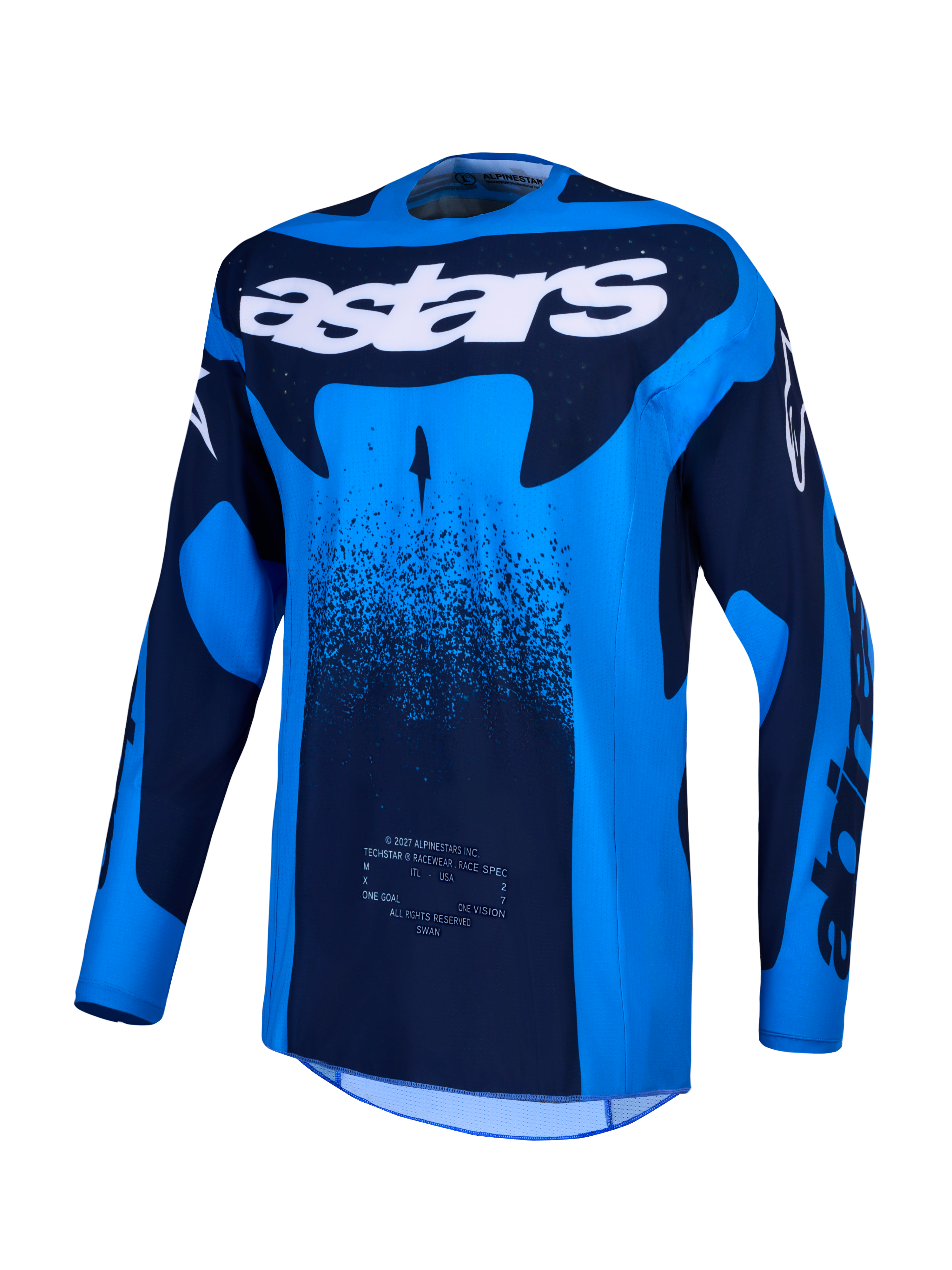 Koszulka Alpinestars Techstar Swan, niebieska i ciemnoniebieska męska koszulka motocrossowa, białe logo astars, laserowo wycinana wentylacja i materiał odprowadzający wilgoć