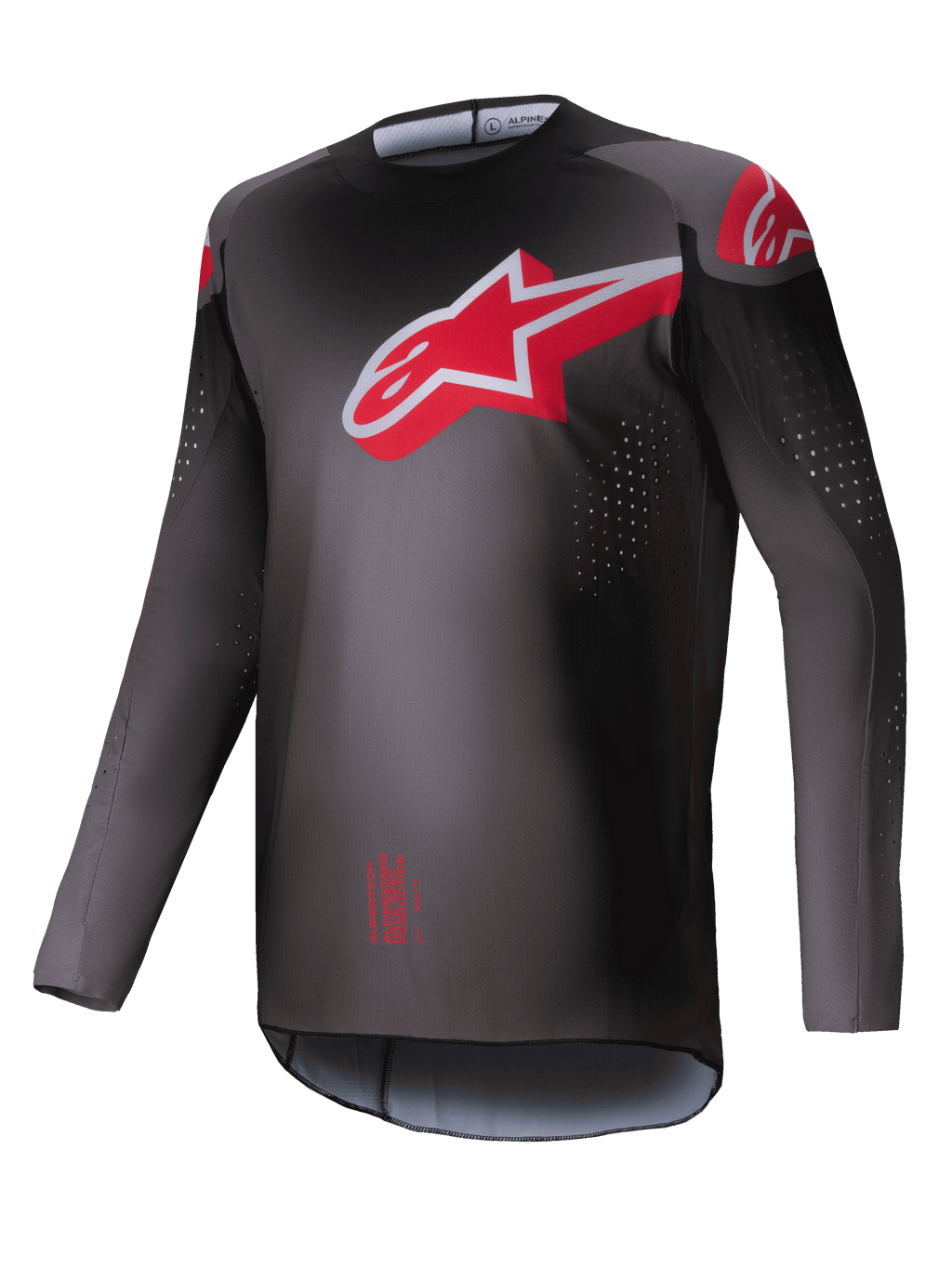 Alpinestars 2025 Supertech Lipan Jersey, Motocross Off-Road Jersey, Men's, Smoke and Bright Red, lightweight athletic race fit with laser-cut perforations