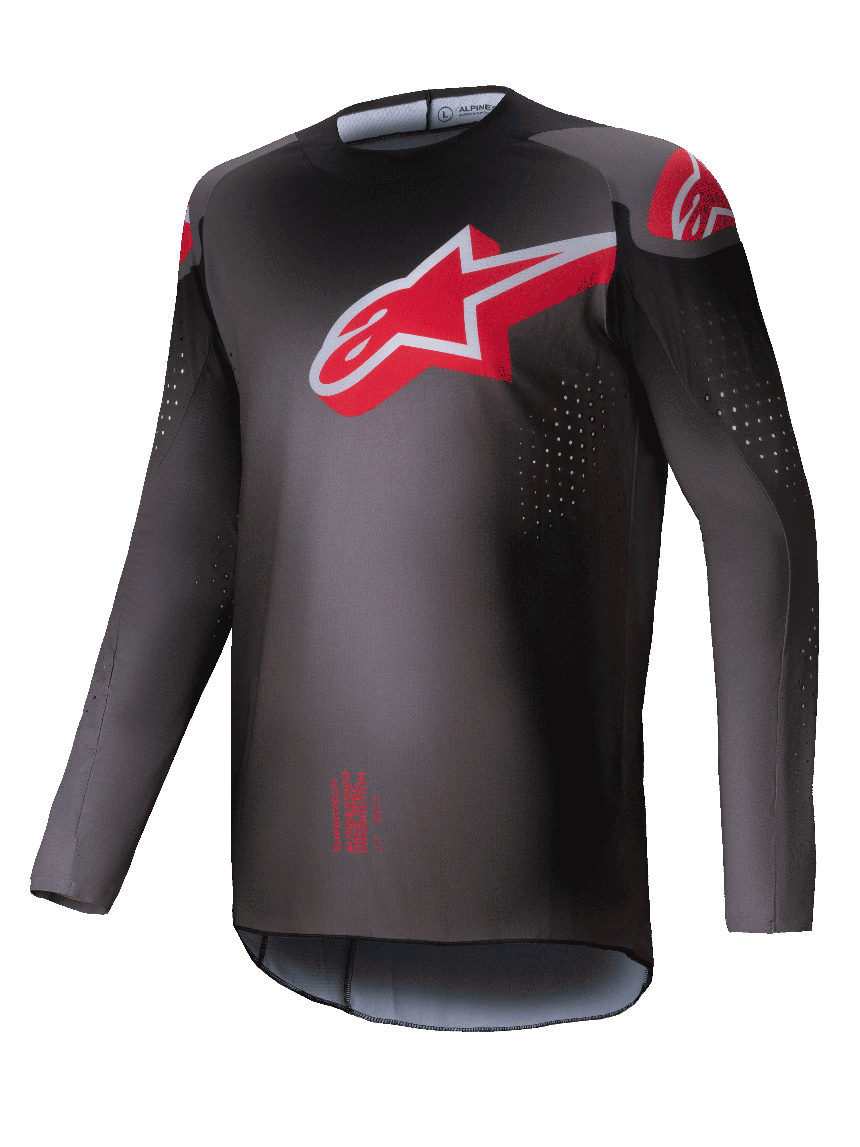 Alpinestars 2025 Supertech Lipan Jersey, Motocross Off-Road Jersey, Men's, Smoke and Bright Red, lightweight athletic race fit with laser-cut perforations