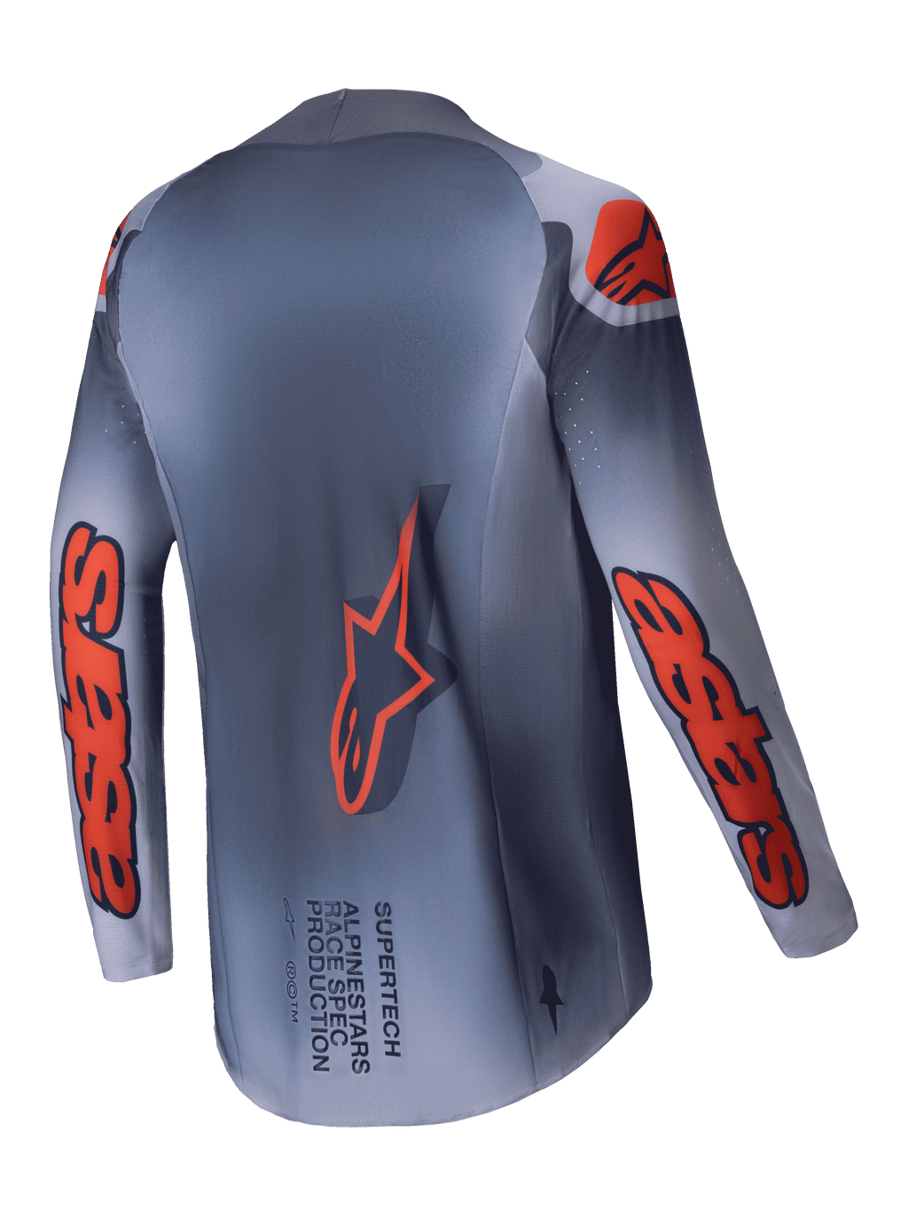 Alpinestars Supertech Lipan Jersey, męska koszulka motocrossowa wyścigowa, szara i pomarańczowa fluo, widok z tyłu przedstawiający przedłużony tył oraz detale z logo