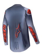 Alpinestars Supertech Lipan Jersey, męska koszulka motocrossowa wyścigowa, szara i pomarańczowa fluo, widok z tyłu przedstawiający przedłużony tył oraz detale z logo