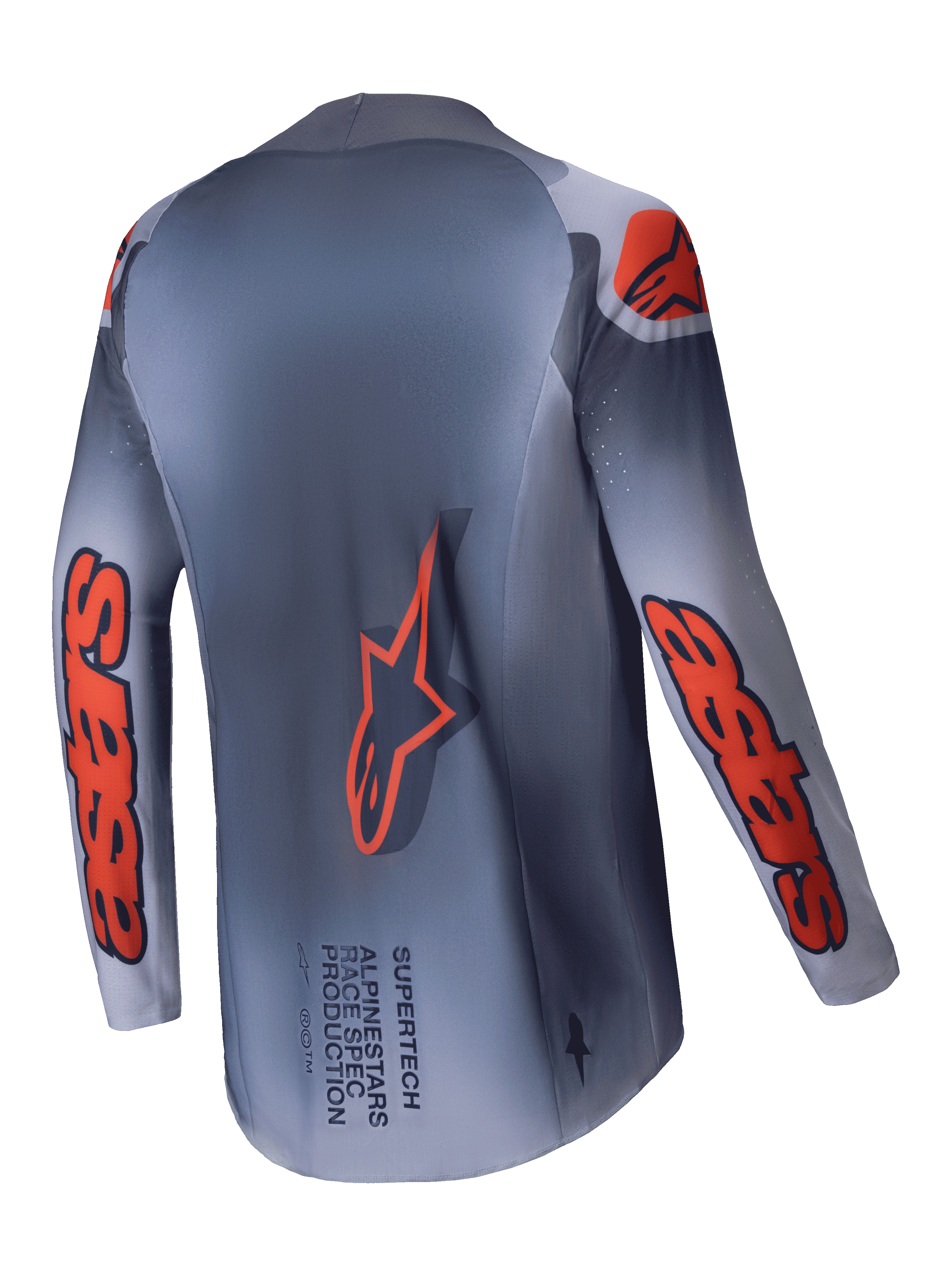 Alpinestars Supertech Lipan Jersey, męska koszulka motocrossowa wyścigowa, szara i pomarańczowa fluo, widok z tyłu przedstawiający przedłużony tył oraz detale z logo
