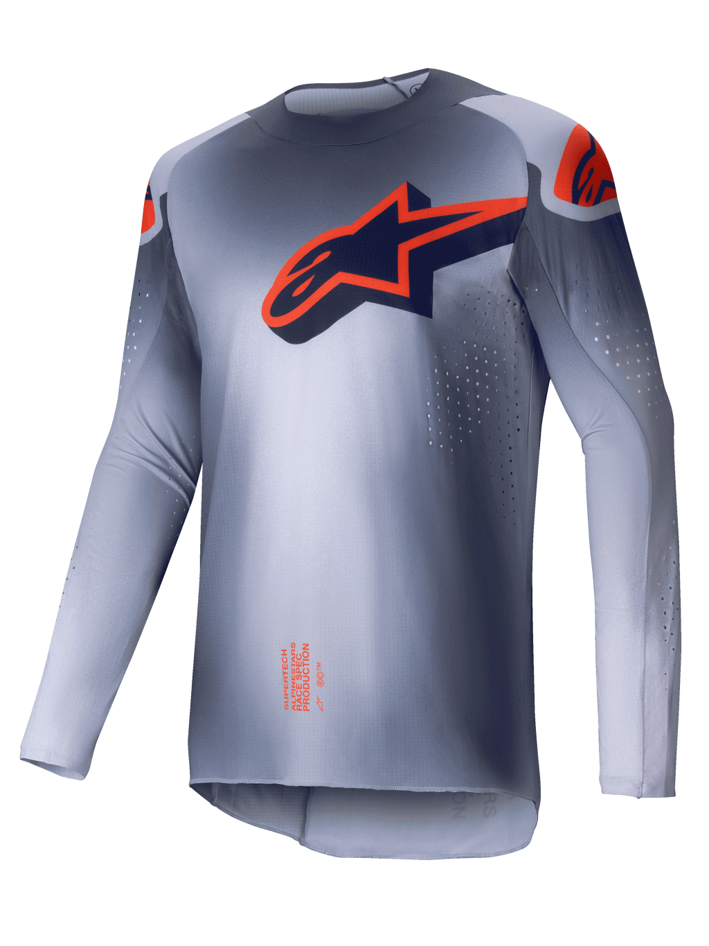 Alpinestars Koszulka Supertech Lipan 2025, męska koszulka motocrossowa, szara i pomarańczowa fluo, ultralekki krój sportowy race fit z perforacjami wentylacyjnymi