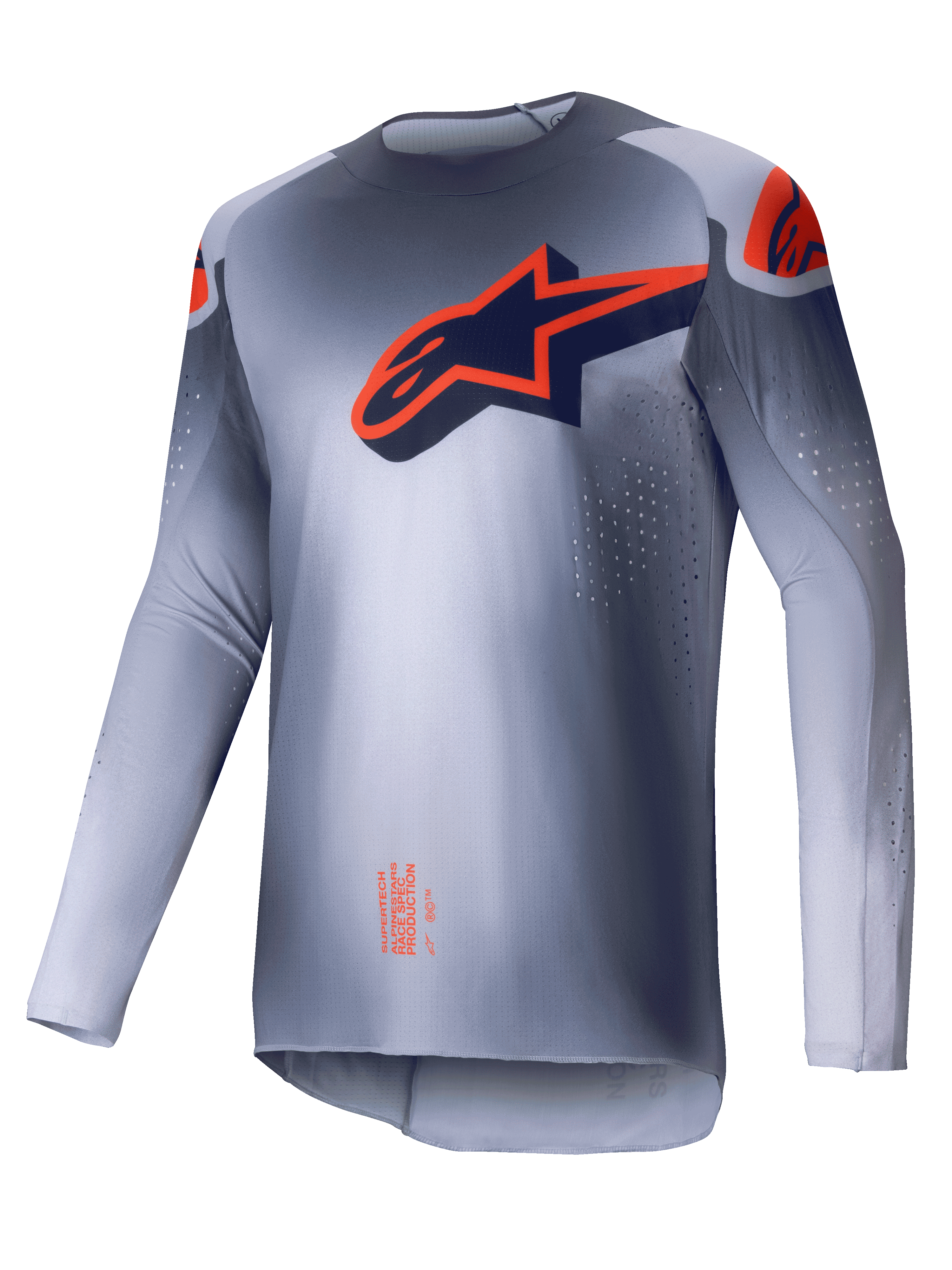 Alpinestars Koszulka Supertech Lipan 2025, męska koszulka motocrossowa, szara i pomarańczowa fluo, ultralekki krój sportowy race fit z perforacjami wentylacyjnymi