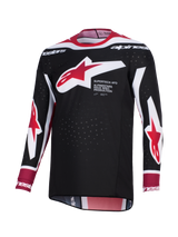 Alpinestars 2026 Supertech AFD Vista Jersey, koszulka motocrossowa, czarno-czerwono-biała, duże czerwono-białe logo gwiazdy Alpinestars na piersi z napisem „Supertech AFD”, perforowana siateczka dla lepszej wentylacji, sportowy krój wyścigowy