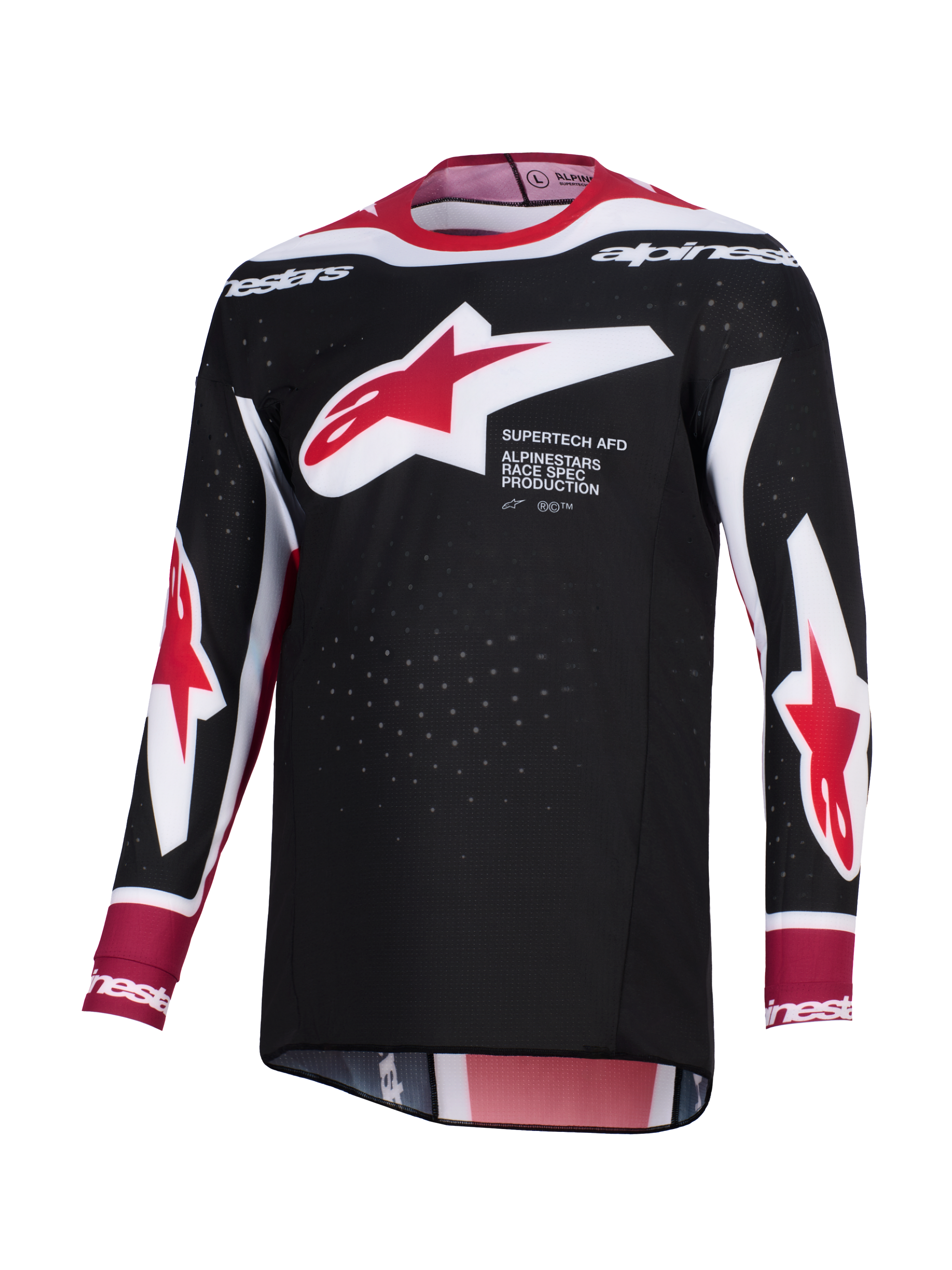Alpinestars 2026 Supertech AFD Vista Jersey, koszulka motocrossowa, czarno-czerwono-biała, duże czerwono-białe logo gwiazdy Alpinestars na piersi z napisem „Supertech AFD”, perforowana siateczka dla lepszej wentylacji, sportowy krój wyścigowy