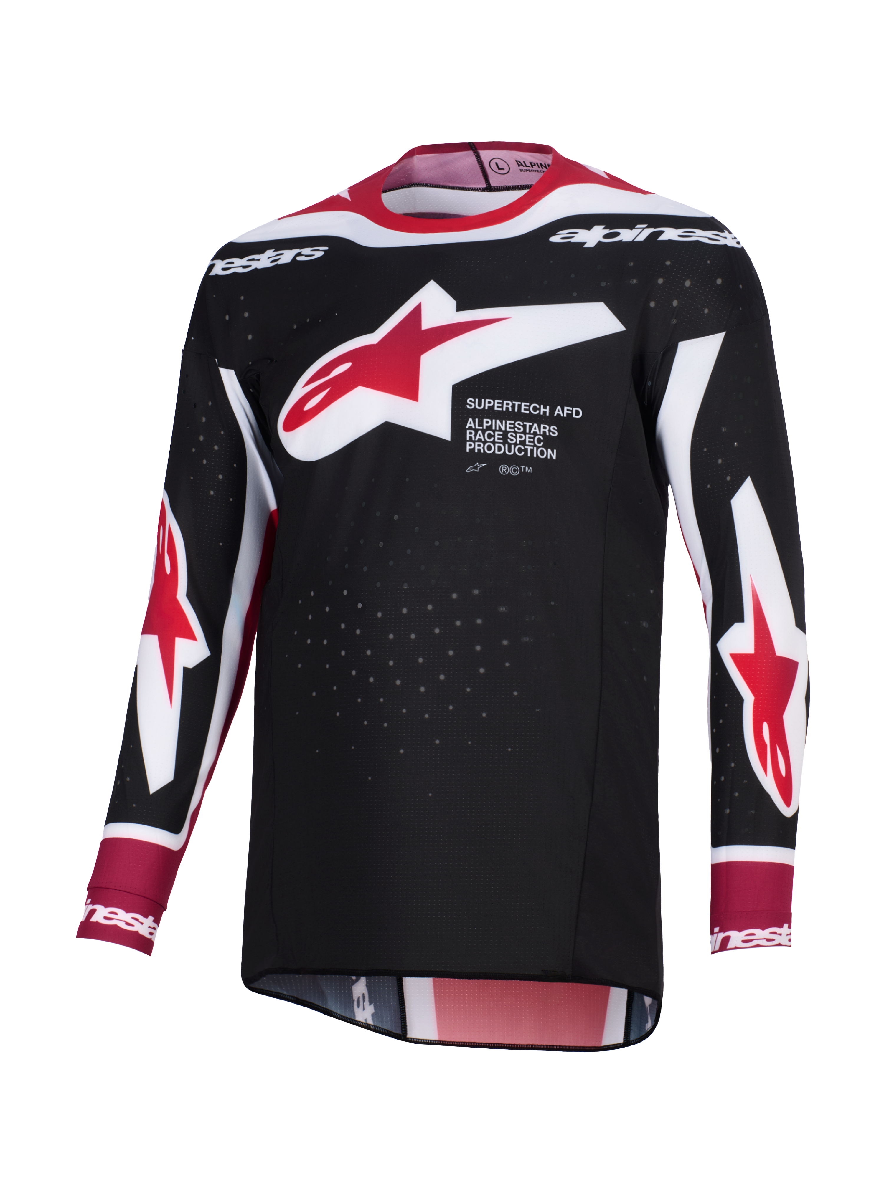 Alpinestars 2026 Supertech AFD Vista Jersey, koszulka motocrossowa, czarno-czerwono-biała, duże czerwono-białe logo gwiazdy Alpinestars na piersi z napisem „Supertech AFD”, perforowana siateczka dla lepszej wentylacji, sportowy krój wyścigowy