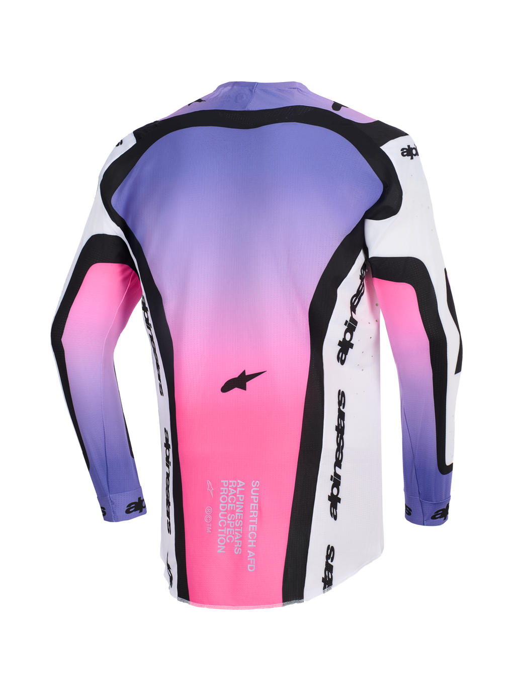 Alpinestars 2026 Supertech AFD Vista Jersey, koszulka motocrossowa, biało-fioletowo-czarna z różowo-fioletowym gradientem, widok z tyłu pokazujący czarne profilowane panele, logo Alpinestars i tekst race-spec na dolnym obszyciu, sportowy krój do jazdy w terenie