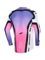 Alpinestars 2026 Supertech AFD Vista Jersey, koszulka motocrossowa, biało-fioletowo-czarna z różowo-fioletowym gradientem, widok z tyłu pokazujący czarne profilowane panele, logo Alpinestars i tekst race-spec na dolnym obszyciu, sportowy krój do jazdy w terenie