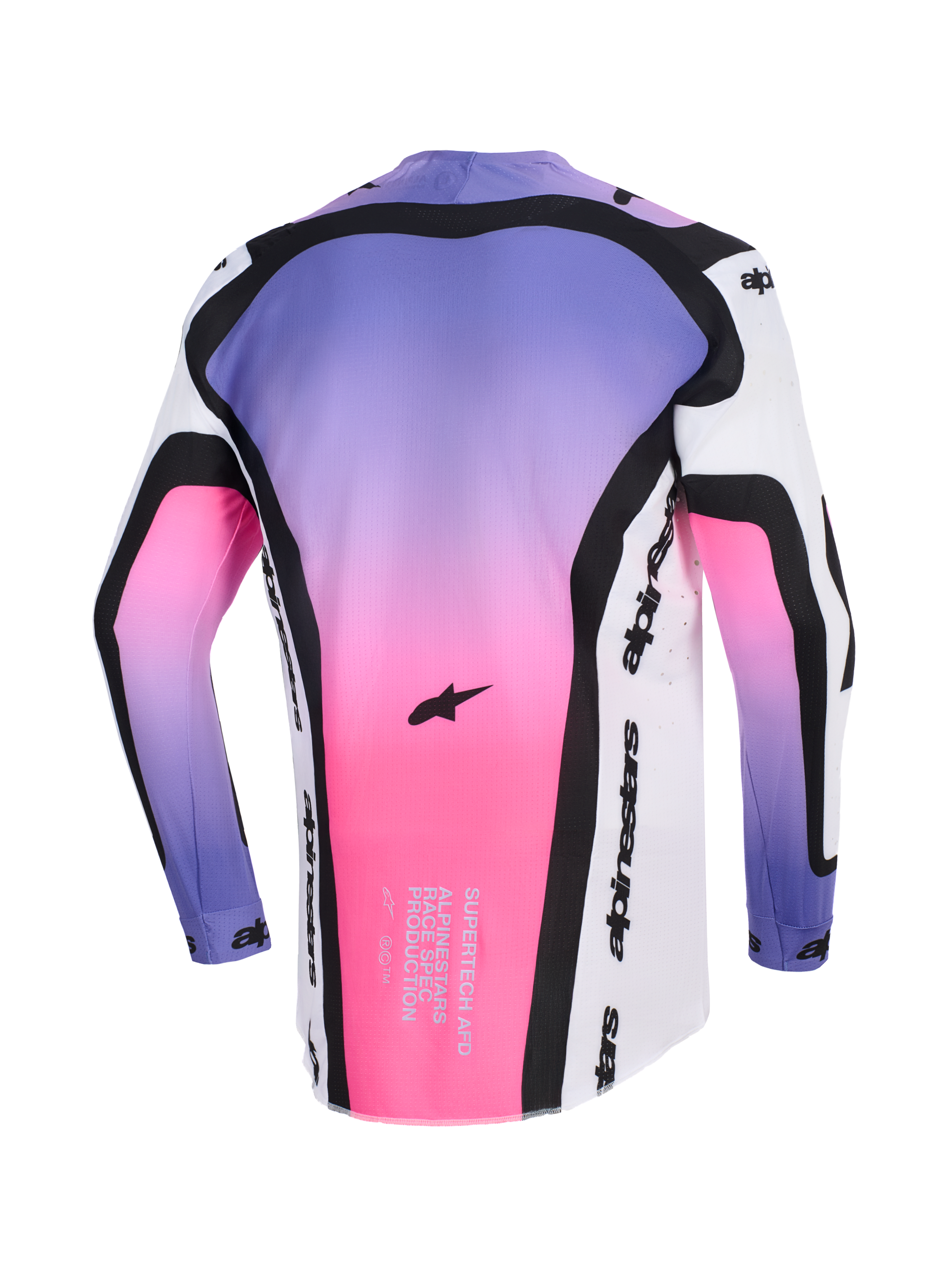 Alpinestars 2026 Supertech AFD Vista Jersey, koszulka motocrossowa, biało-fioletowo-czarna z różowo-fioletowym gradientem, widok z tyłu pokazujący czarne profilowane panele, logo Alpinestars i tekst race-spec na dolnym obszyciu, sportowy krój do jazdy w terenie