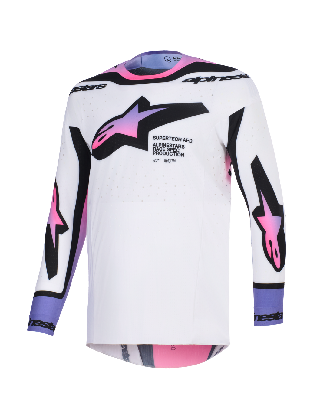 Alpinestars 2026 Supertech AFD Vista Jersey, koszulka motocrossowa, biała z różowo-fioletowym gradientem na logotypach gwiazd, czarne akcenty i branding tekstowy, sportowy krój z laserowo wycinanymi otworami wentylacyjnymi, profesjonalna odzież do wyścigów terenowych