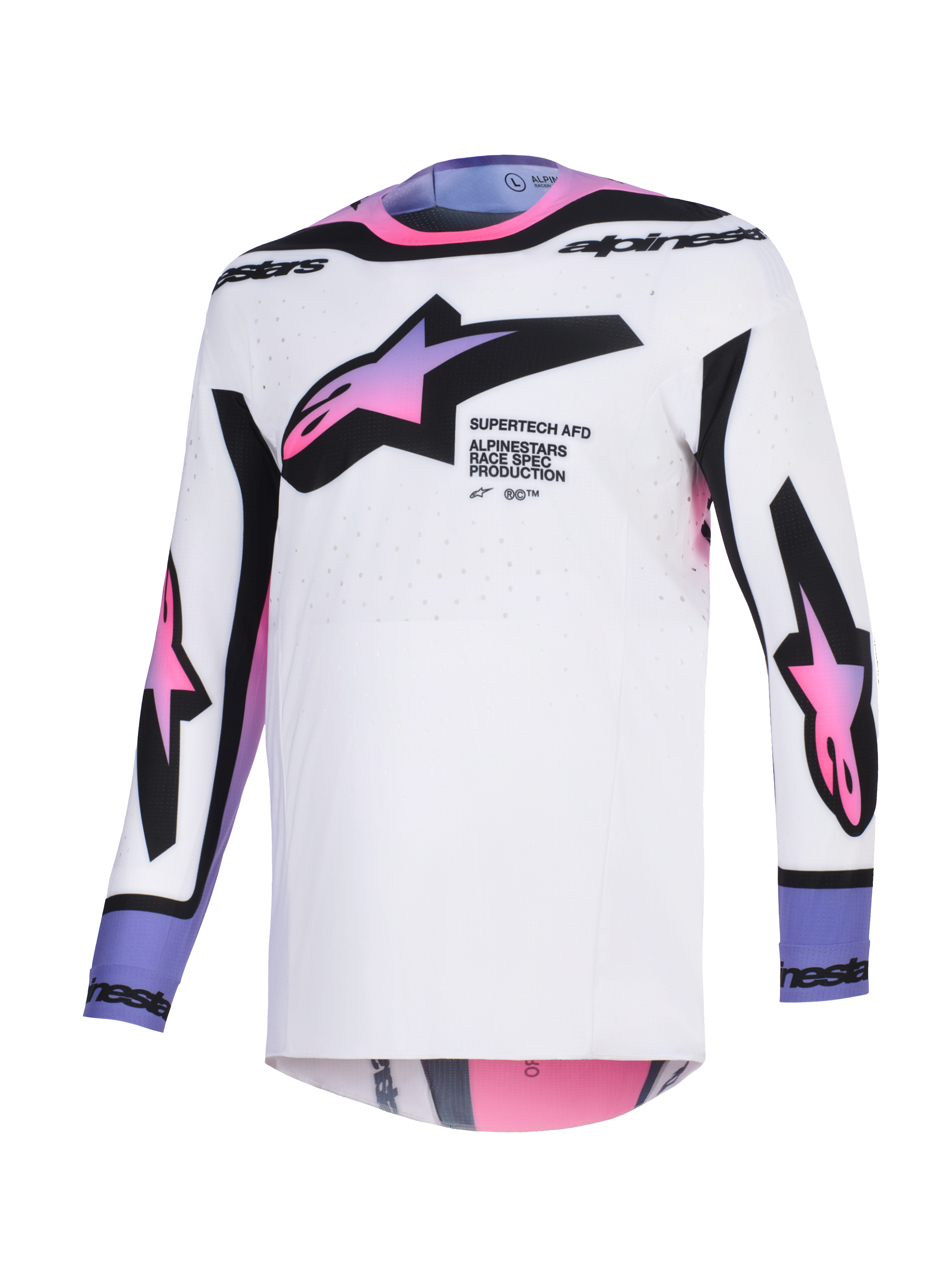 Alpinestars 2026 Supertech AFD Vista Jersey, koszulka motocrossowa, biała z różowo-fioletowym gradientem na logotypach gwiazd, czarne akcenty i branding tekstowy, sportowy krój z laserowo wycinanymi otworami wentylacyjnymi, profesjonalna odzież do wyścigów terenowych