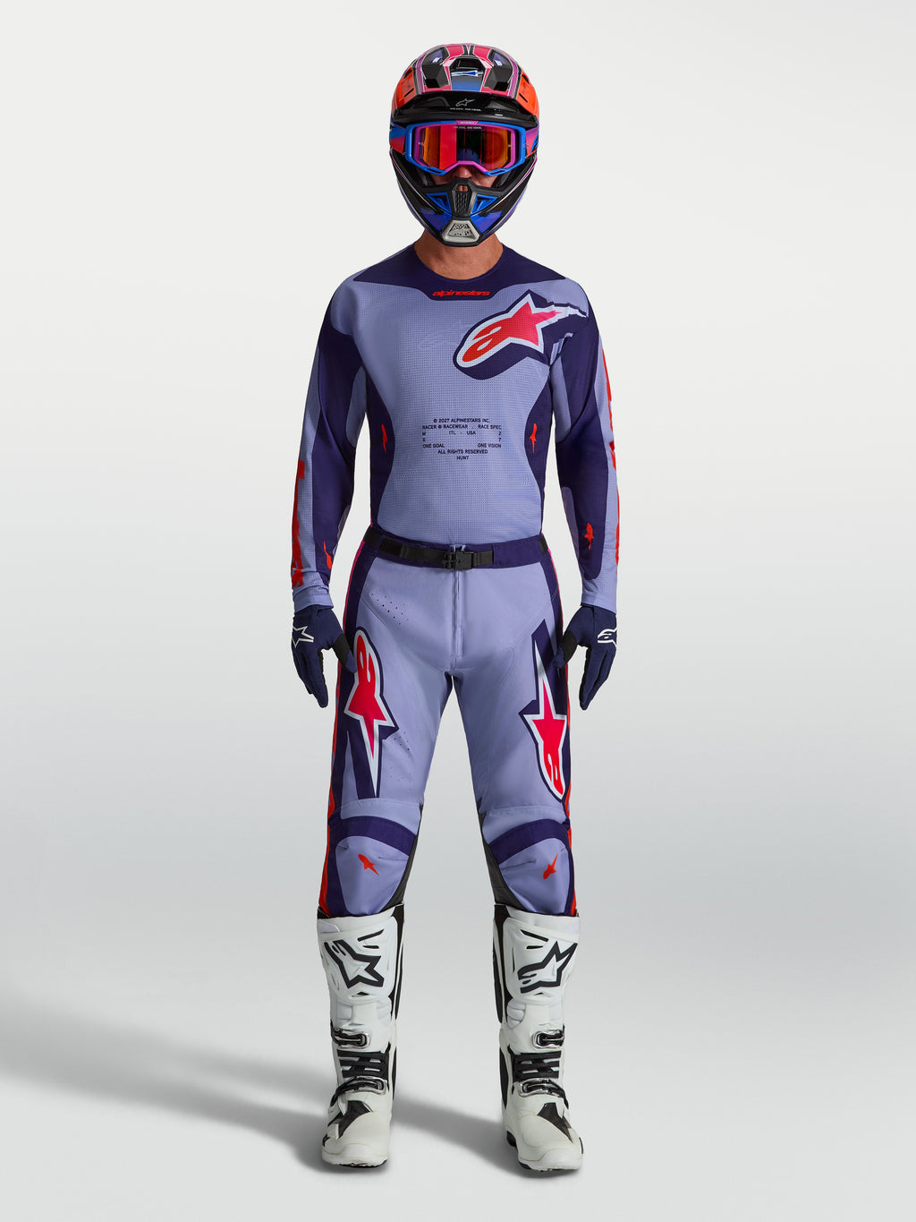 Alpinestars koszulka Racer Air Hunt, męska odzież motocrossowa, fioletowa i różowa fluo, wentylowana siatka.