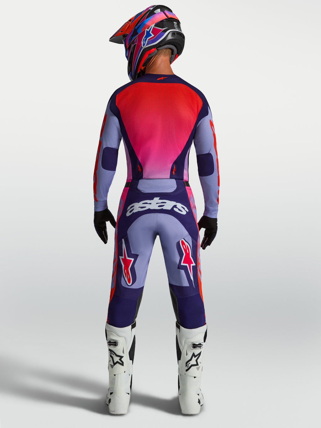Alpinestars koszulka Racer Air Hunt, fioletowa i różowa siatka, męski krój wyścigowy MX, widok z tyłu.