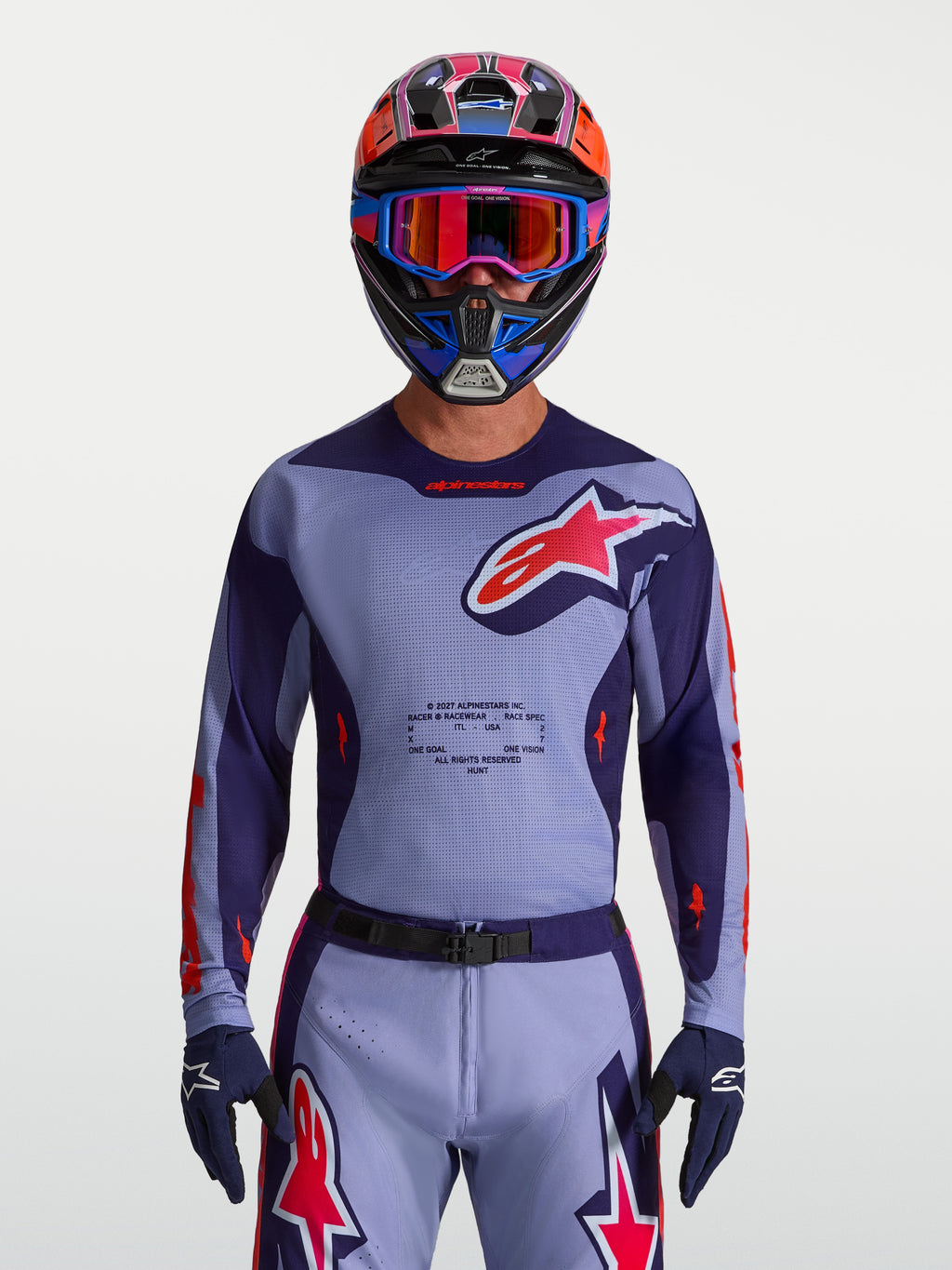 Alpinestars Koszulka Racer Air Hunt, fioletowa i różowa fluo, oddychająca siatka, krój wyścigowy, odzież motocrossowa.