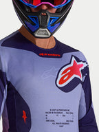 Koszulka Alpinestars Racer Air Hunt, fioletowa i jasnofioletowa siatkowa koszulka motocrossowa z dużym czerwonym logo Astars.