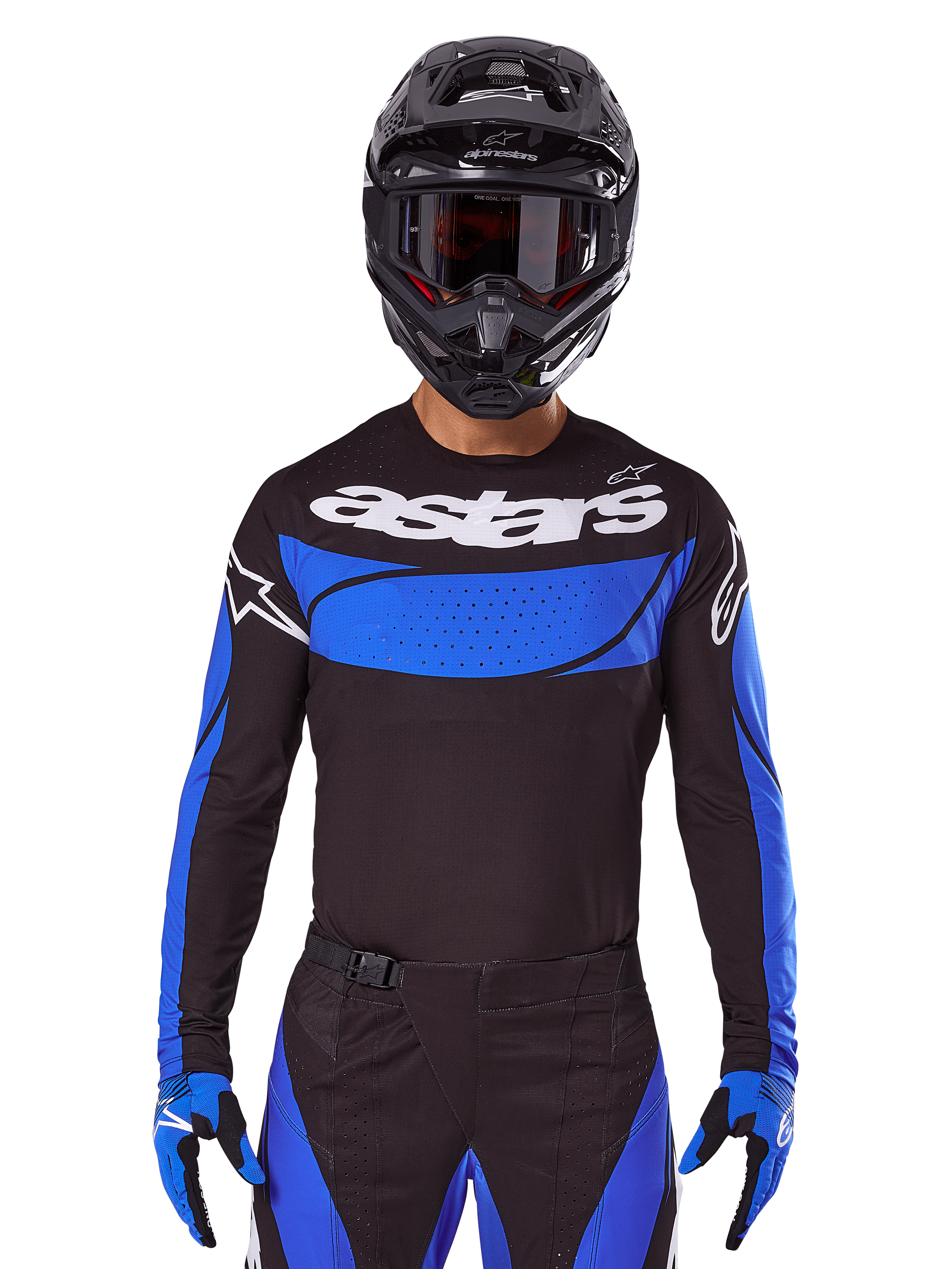 Alpinestars 2025 Techstar Dreem Gear Set AND Jersey, Black and Blue Motocross Outfit, worn by a rider for off-road racing.