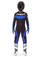 Alpinestars 2025 Techstar Dreem Gear Set, men's motocross racing outfit in black and blue textile with white boots.