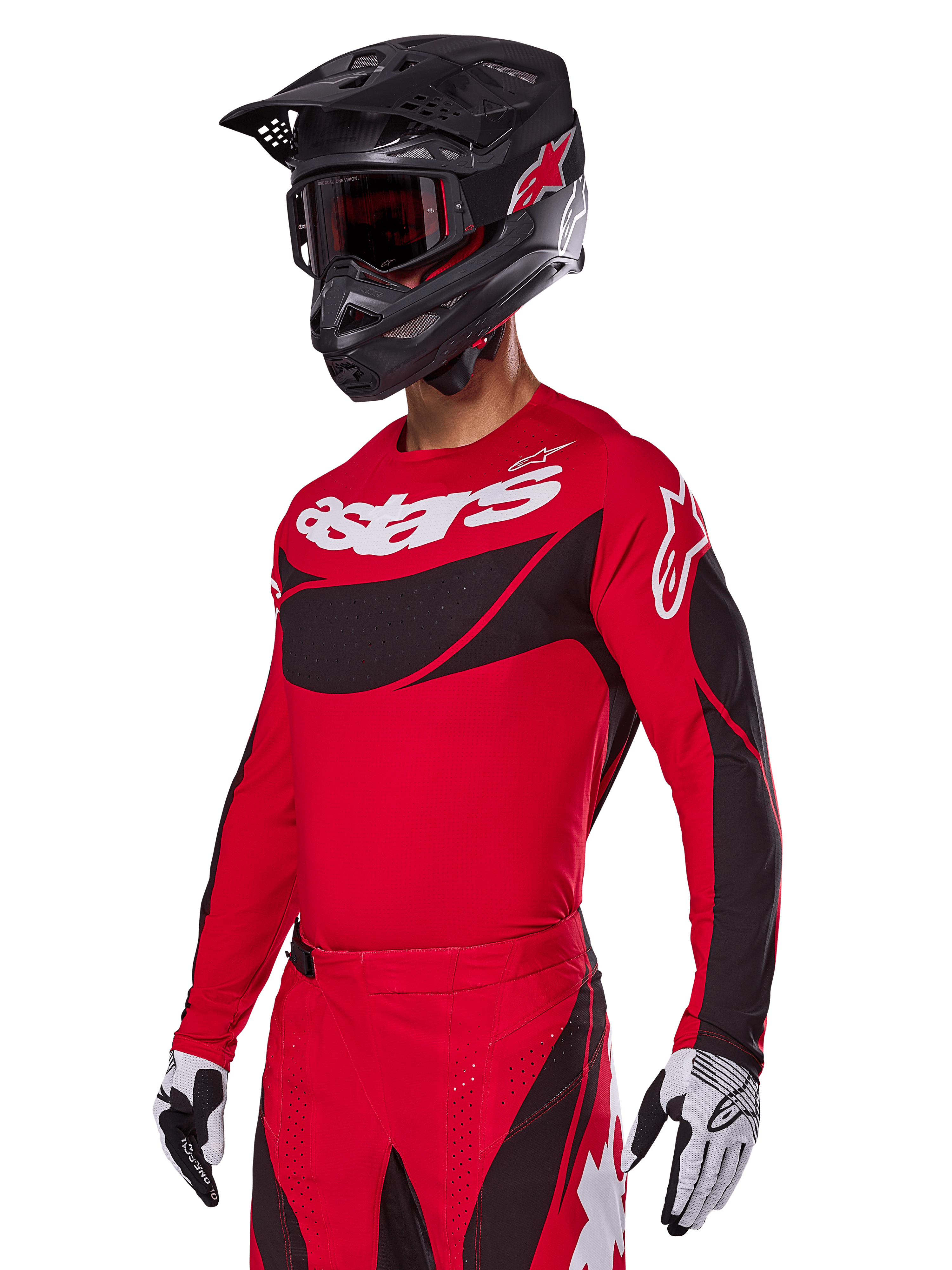 Zestaw Alpinestars 2025 Techstar Dreem, czerwona koszulka i spodnie motocrossowe z czarnymi i białymi akcentami, czarny kask i gogle, biało-czarne rękawice, z wyraźnym brandingiem „astars”, zaprojektowany do wyczynowej jazdy terenowej