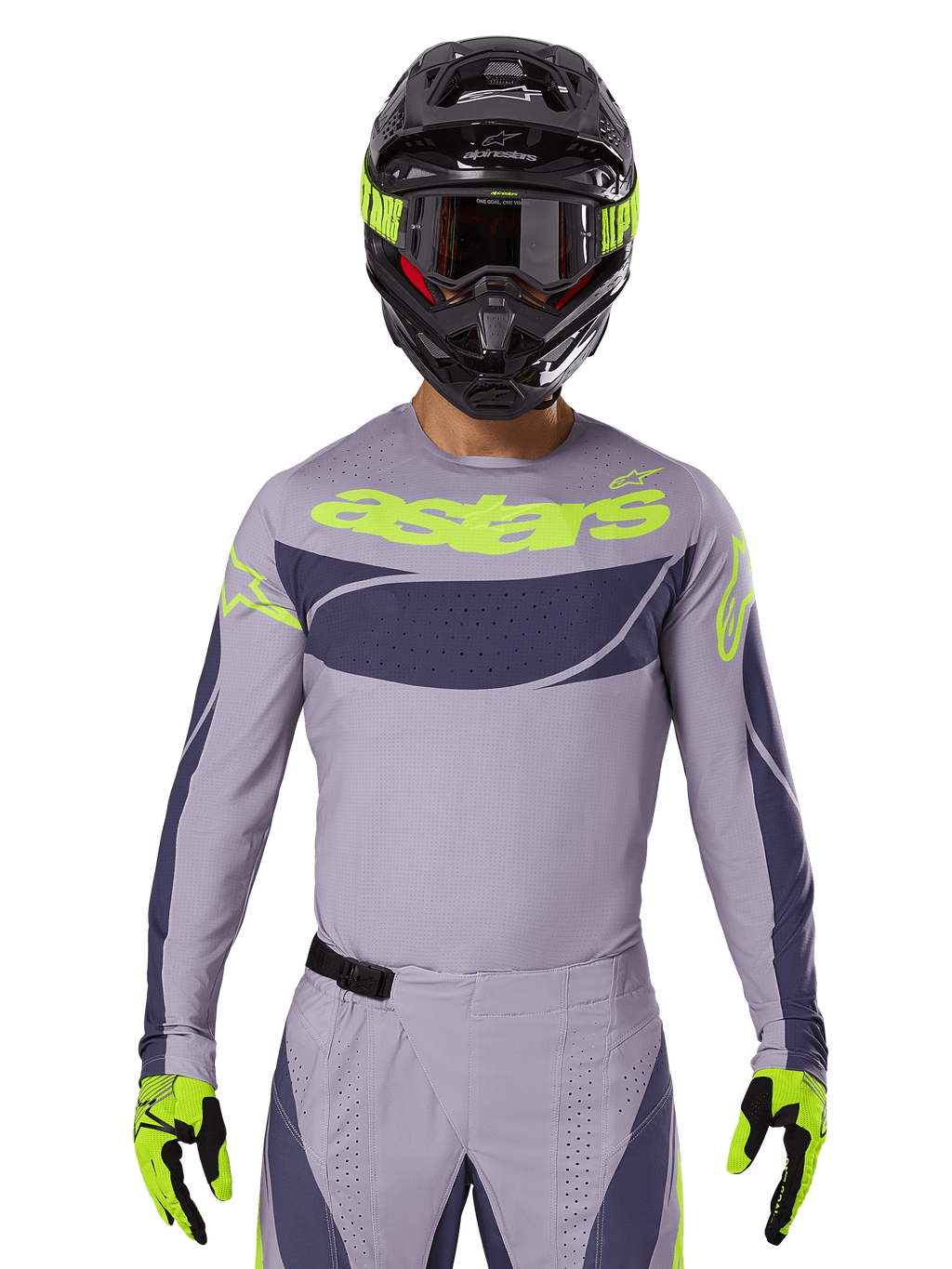 Alpinestars Techstar Dreem Jersey i zestaw odzieży 2025, strój motocrossowy, jasnoszary i ciemnoszary z neonowożółtymi akcentami, z logo „astars”, noszony z czarnym kaskiem, goglami i dopasowanymi rękawicami, techniczny perforowany materiał zapewniający wydajność w terenie