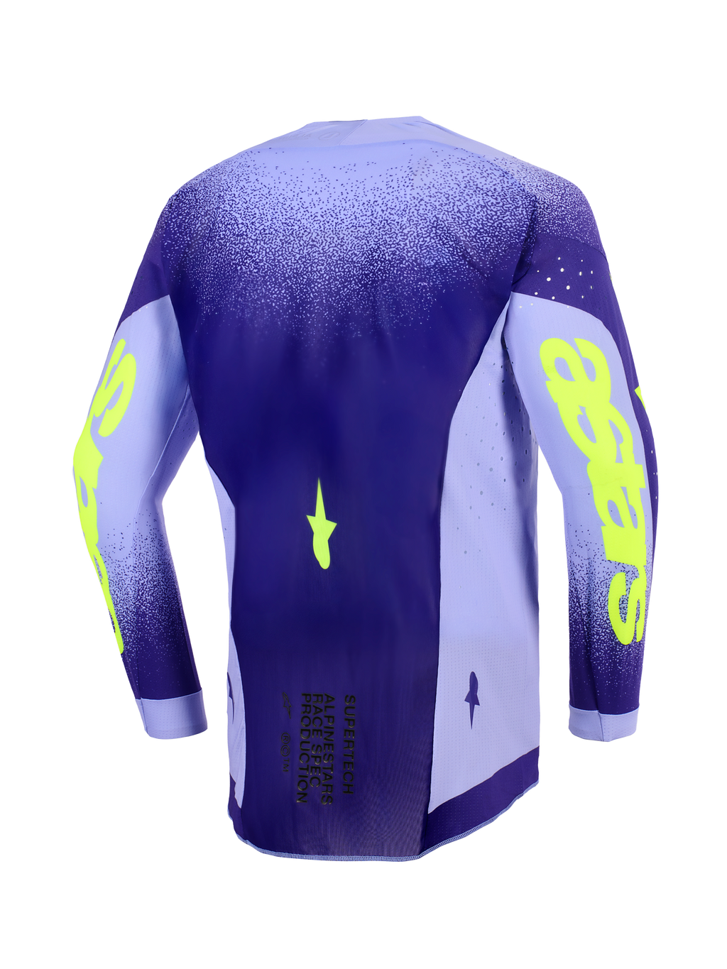 Alpinestars Supertech Scenz Jersey 2026, koszulka motocrossowa, fioletowa i żółta fluo, widok z tyłu ukazujący przedłużony profil pleców, lekkie panele boczne z elastycznej siatki z laserowymi perforacjami, wyraźne neonowe żółte logo na rękawach