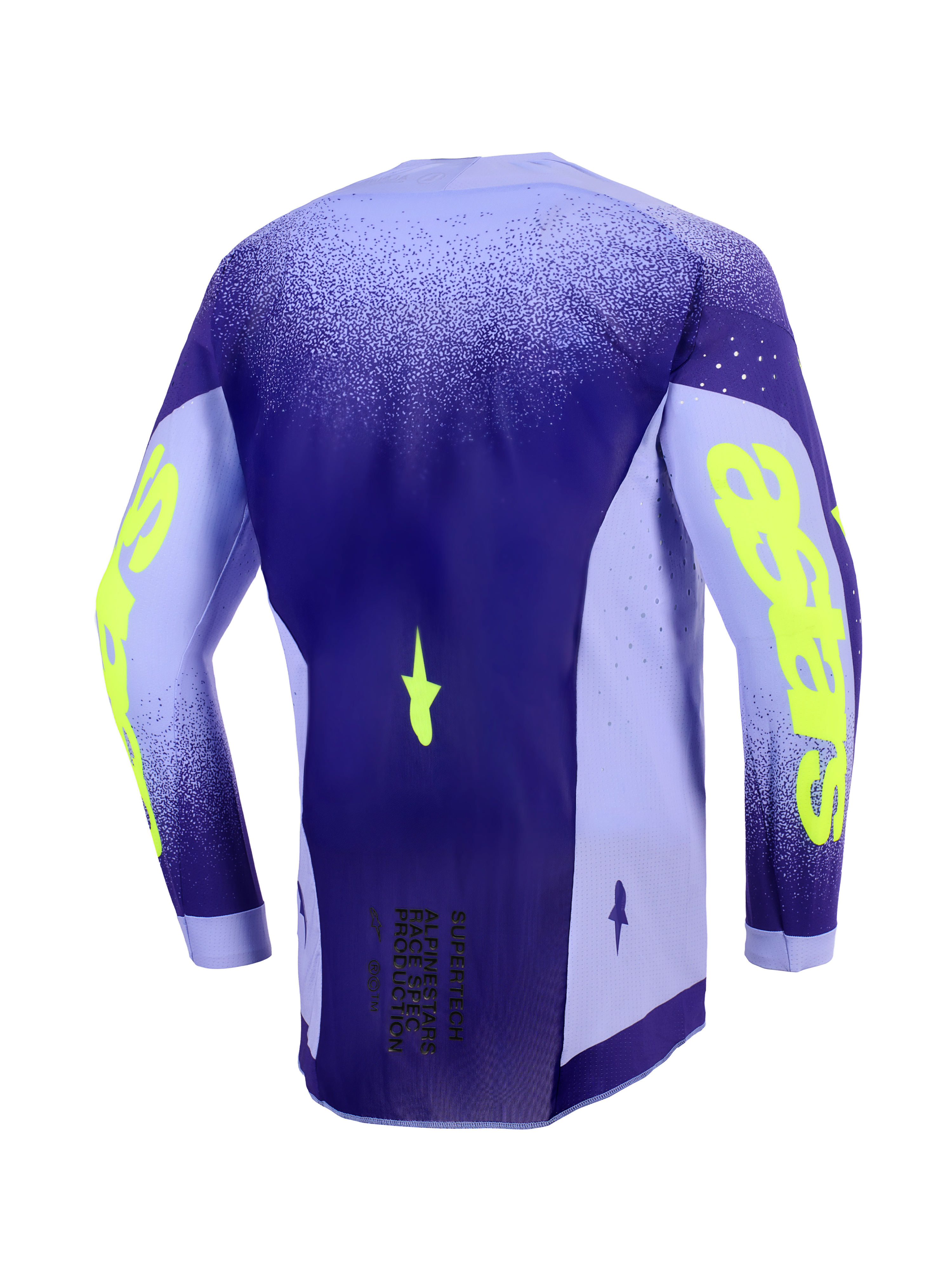 Alpinestars Supertech Scenz Jersey 2026, koszulka motocrossowa, fioletowa i żółta fluo, widok z tyłu ukazujący przedłużony profil pleców, lekkie panele boczne z elastycznej siatki z laserowymi perforacjami, wyraźne neonowe żółte logo na rękawach