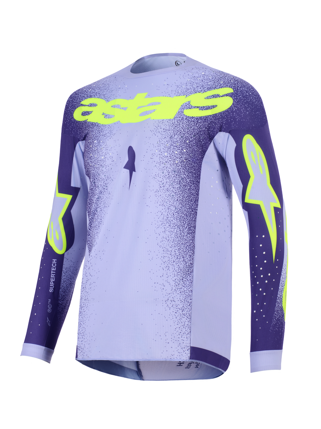 Alpinestars 2026 Supertech Scenz Jersey, koszulka motocrossowa, fioletowa i żółta fluo, z lawendowymi i ciemnofioletowymi panelami, neonowożółty napis „astars” i logotypy gwiazdy, lekka, wydajna konstrukcja z siatki do wyścigów off-road