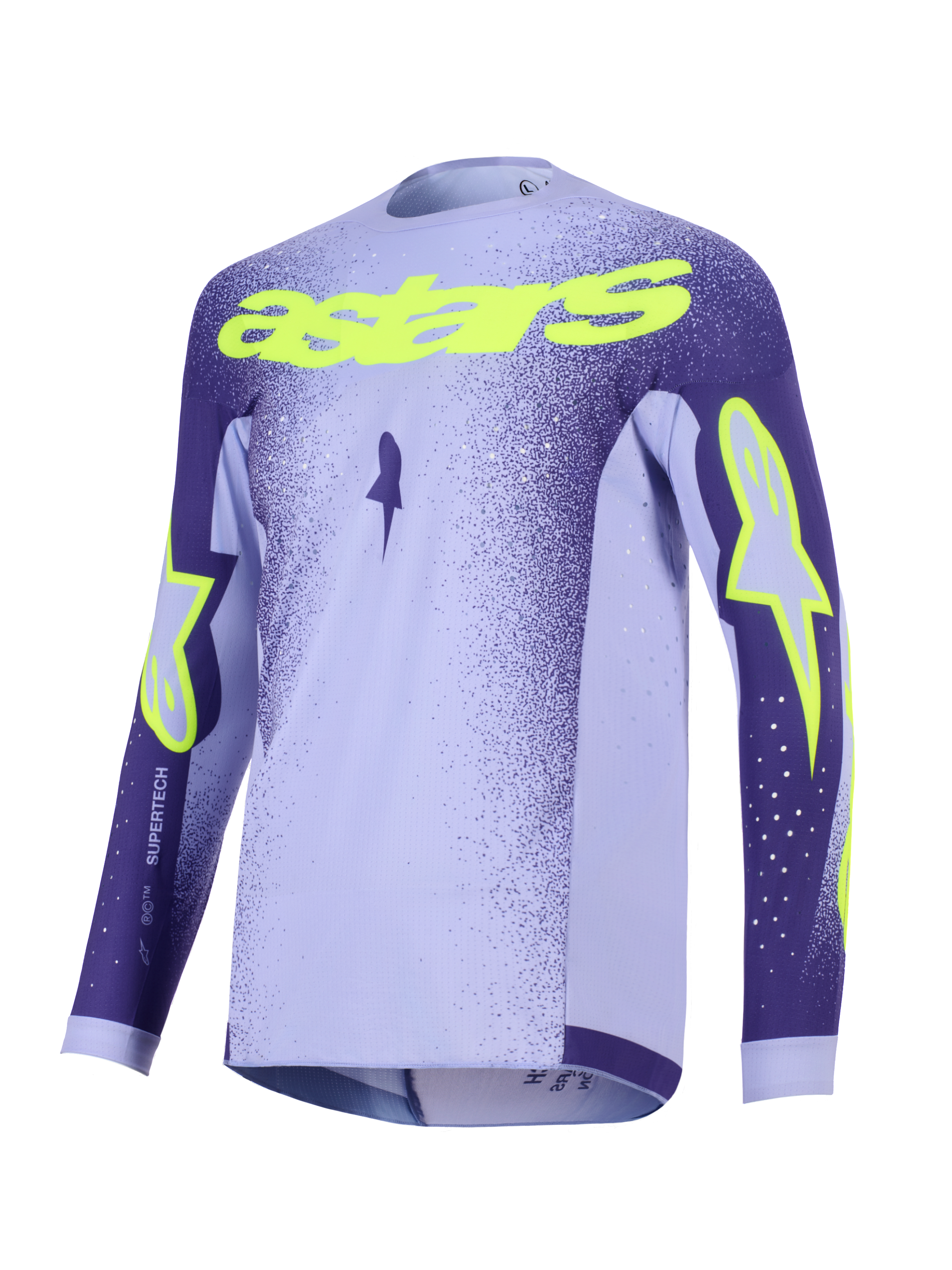 Alpinestars 2026 Supertech Scenz Jersey, koszulka motocrossowa, fioletowa i żółta fluo, z lawendowymi i ciemnofioletowymi panelami, neonowożółty napis „astars” i logotypy gwiazdy, lekka, wydajna konstrukcja z siatki do wyścigów off-road