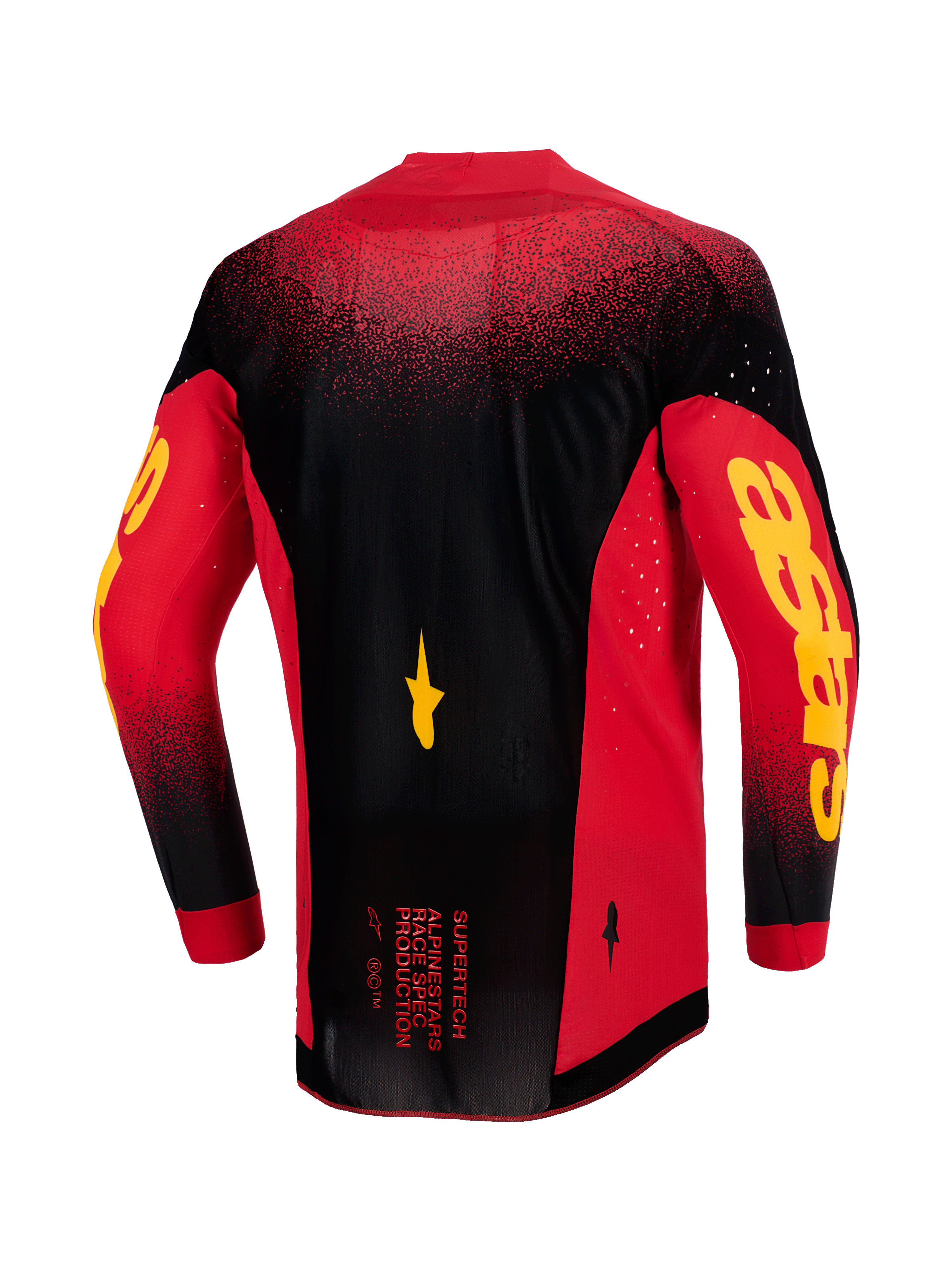 Alpinestars 2026 Supertech Scenz Jersey, widok z tyłu, czerwona, czarna i żółta, profesjonalna koszulka motocrossowa z lekkiej elastycznej siateczki, laserowo wycinana wentylacja, wyraziste żółte logo Astars na rękawach, przedłużony tył dla lepszej wydajności wyścigowej