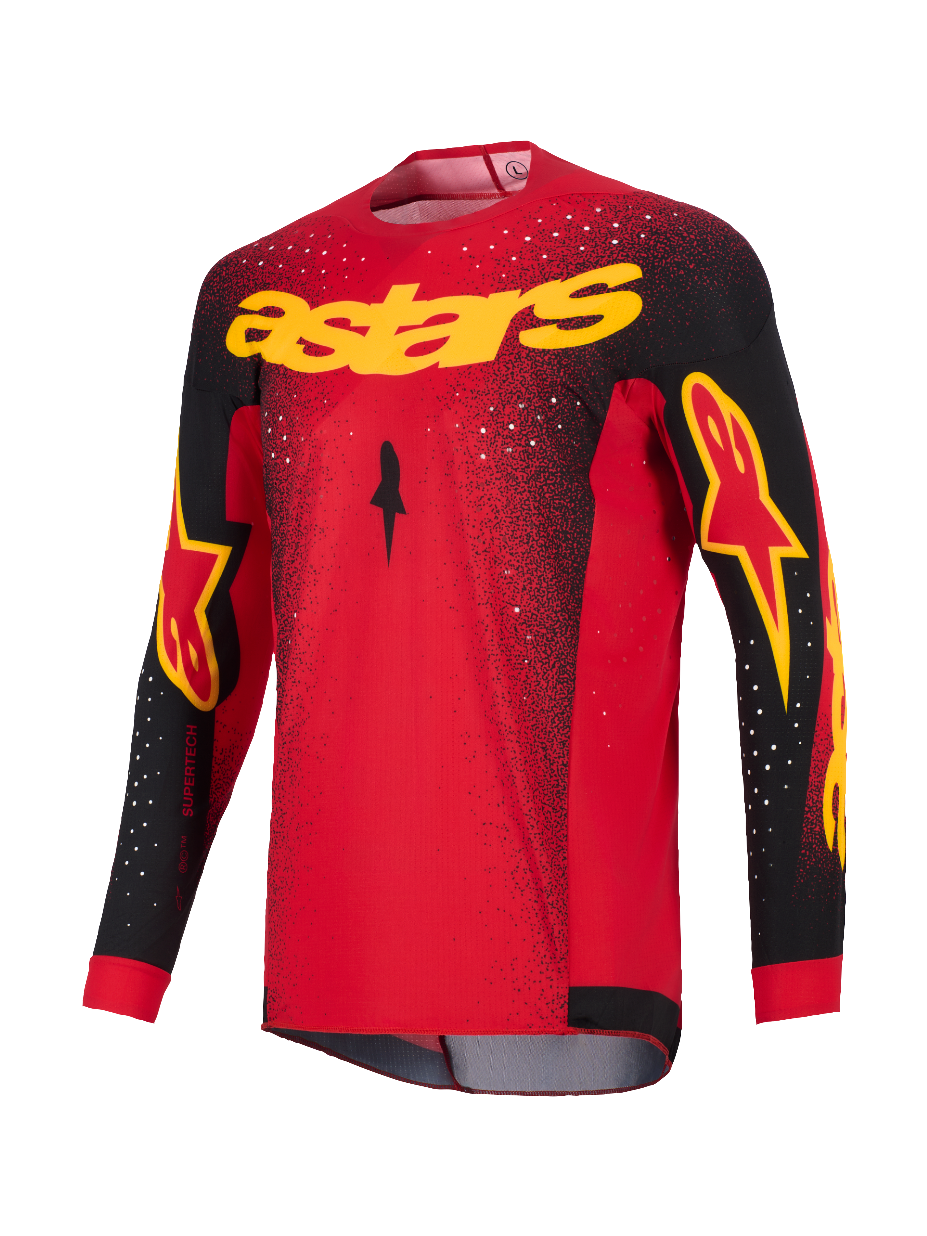 Alpinestars 2026 Supertech Scenz Jersey, koszulka motocrossowa, czerwona, czarna i żółta, z żółtym brandingiem „astars” na klatce piersiowej, czarnymi rękawami z akcentami logo i białym nakrapianym wzorem na ramionach i górnej części korpusu
