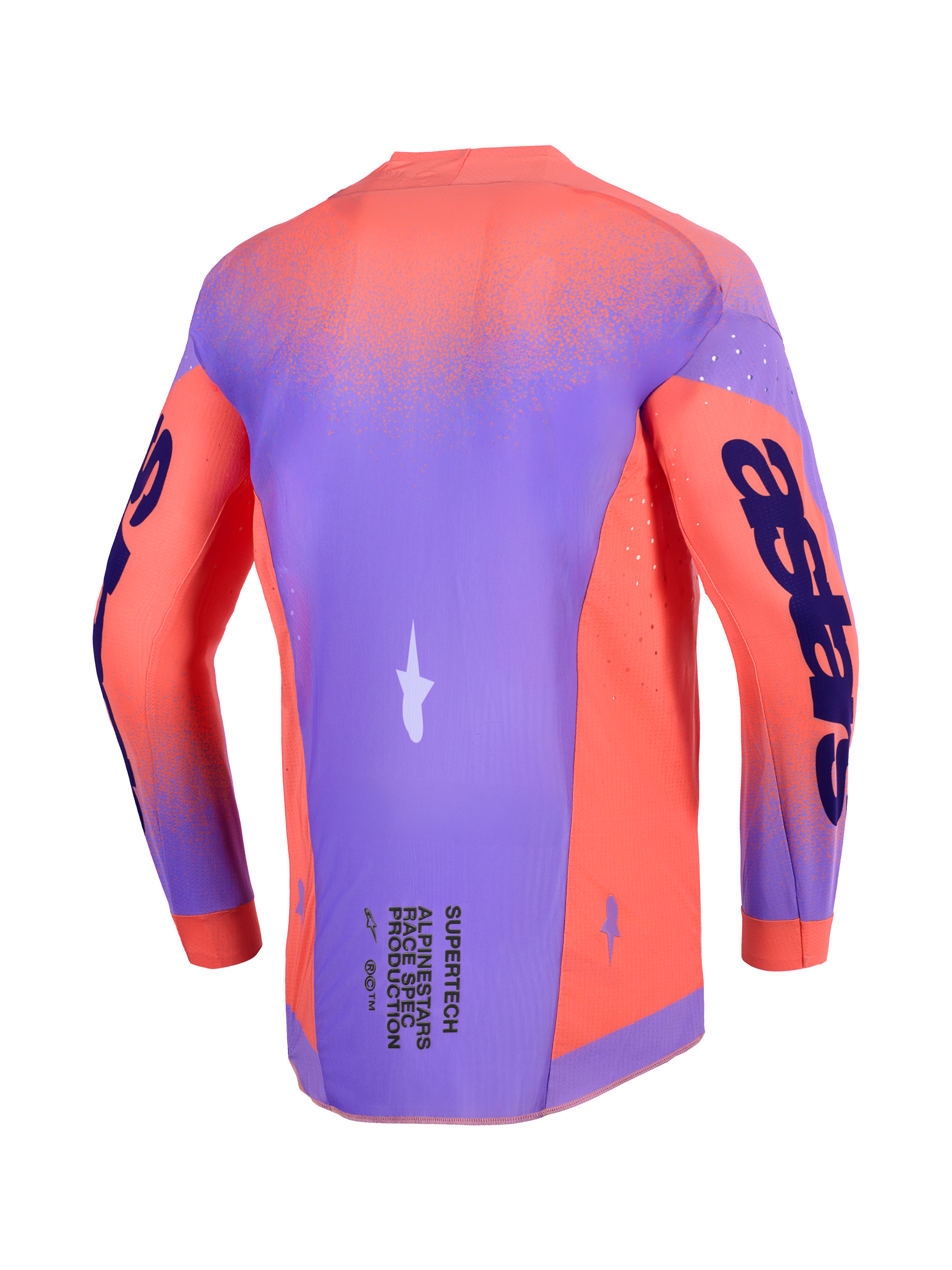 Alpinestars 2026 Supertech Scenz Jersey, koszulka motocrossowa, kolor koralowy i fioletowy, widok od tyłu przedstawiający lekką, elastyczną konstrukcję z siatki, laserowo wycinane perforacje dla wentylacji oraz wyraźne logo na rękawach i w dolnej części pleców.