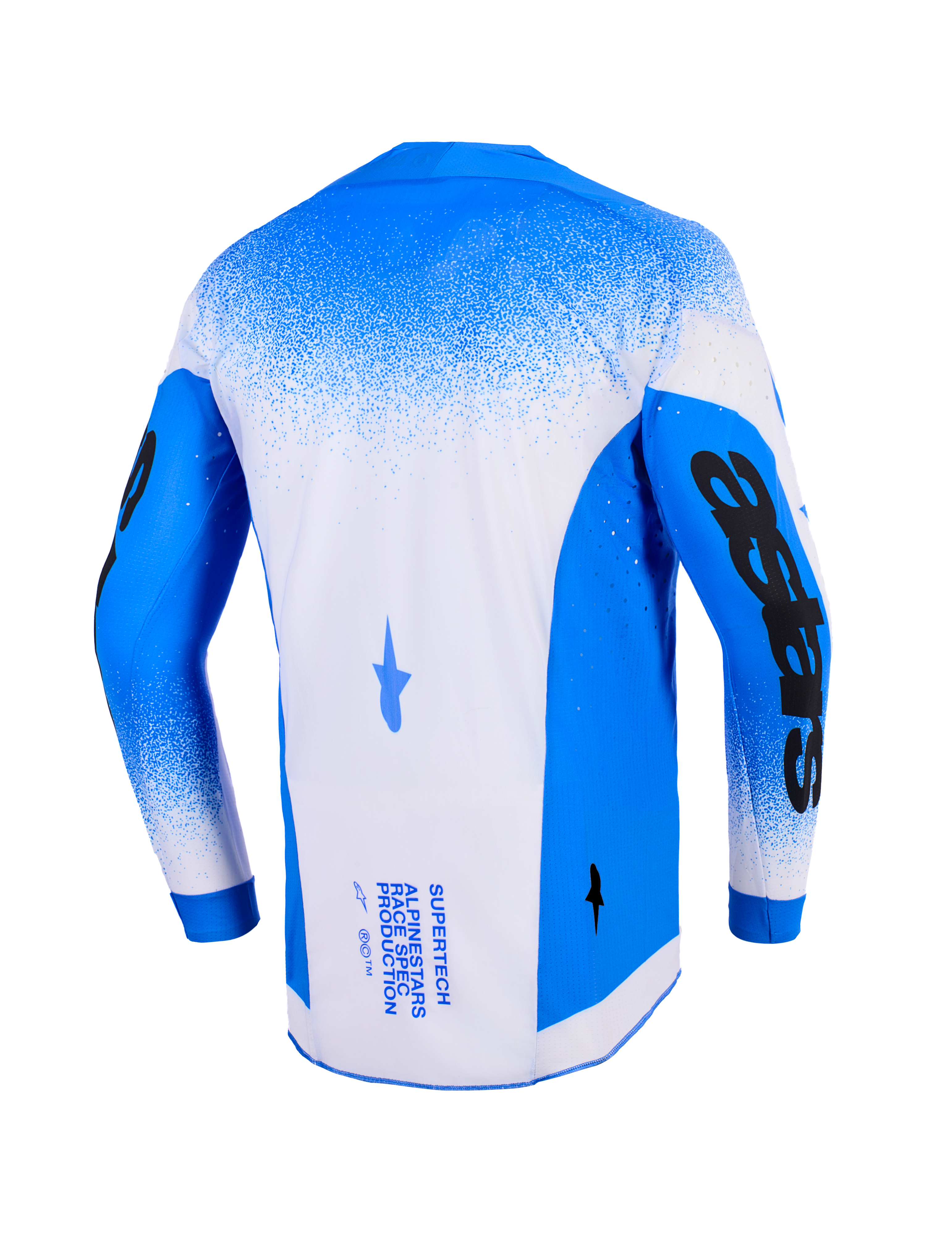 Alpinestars 2026 Supertech Scenz Jersey, widok z tyłu, niebiesko-biała (Ucla Blue White), profesjonalna koszulka motocrossowa z siatkową konstrukcją i laserowymi perforacjami, czarne grafiki na rękawach i techniczny branding na plecach.