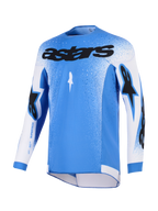 Alpinestars Supertech Scenz Jersey 2026, koszulka motocrossowa, niebiesko-biała, z czarnym logo astars na piersi, gradientowy nakrapiany wzór na ramionach i rękawach, lekka elastyczna siateczka, sportowy krój wyczynowy