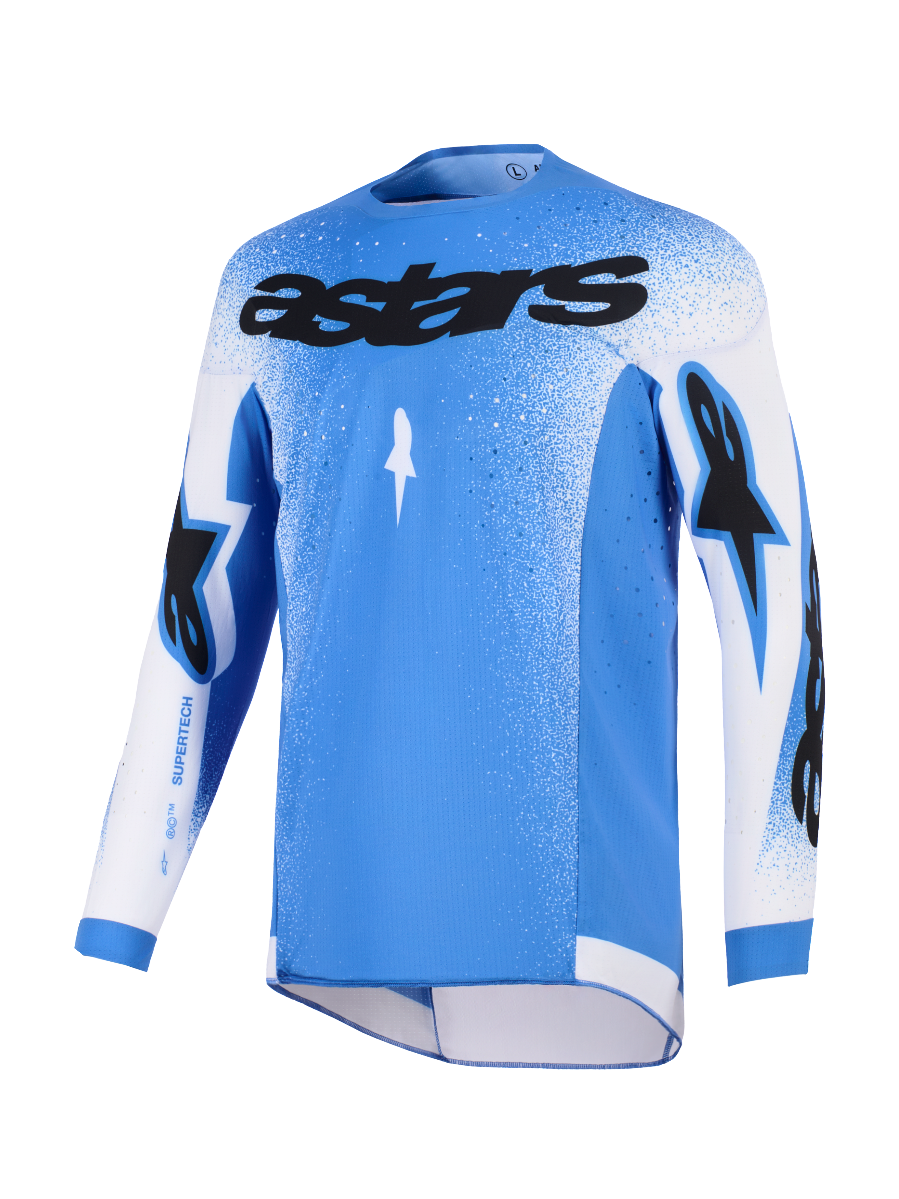 Alpinestars Supertech Scenz Jersey 2026, koszulka motocrossowa, niebiesko-biała, z czarnym logo astars na piersi, gradientowy nakrapiany wzór na ramionach i rękawach, lekka elastyczna siateczka, sportowy krój wyczynowy