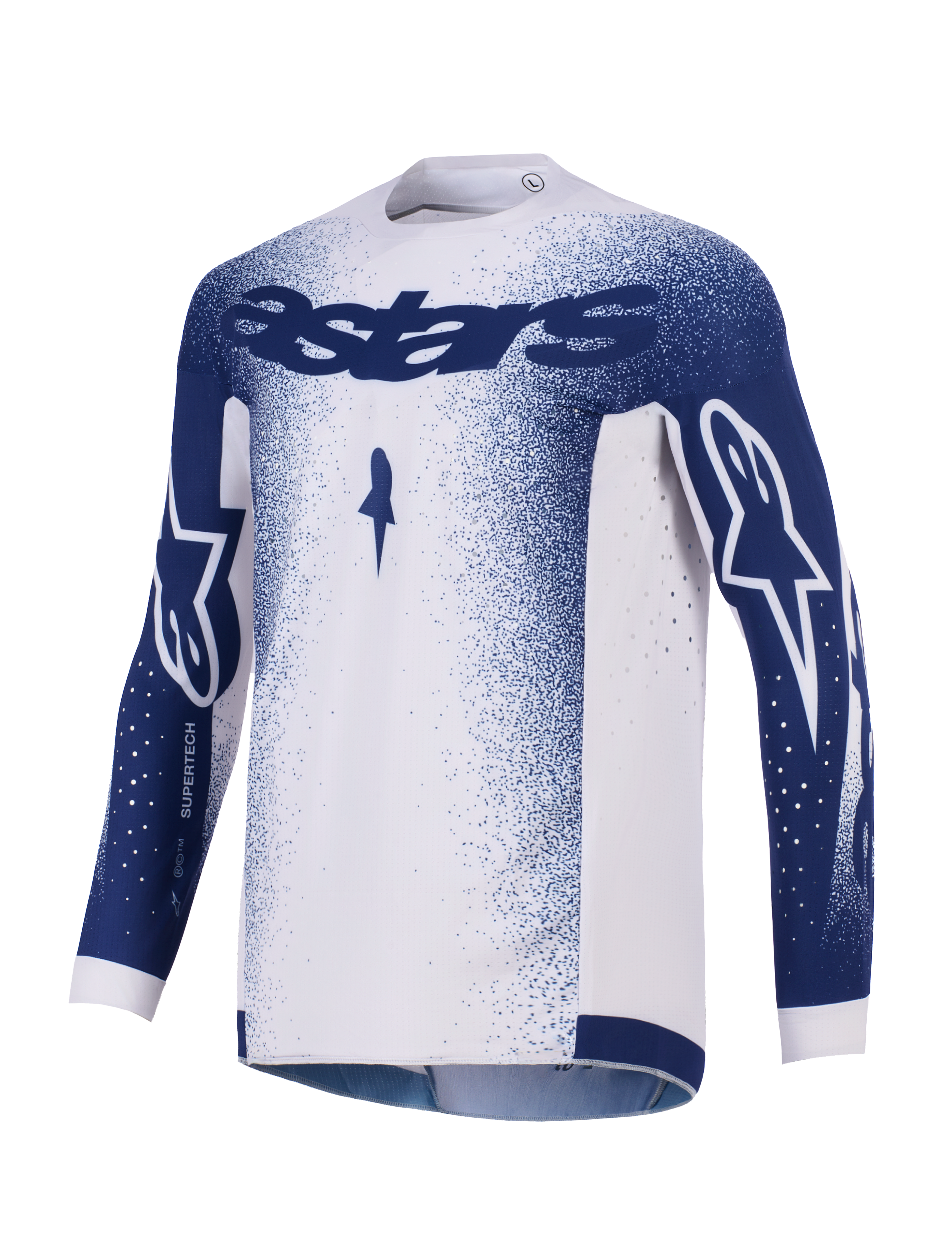 Alpinestars Supertech Scenz Jersey 2026, koszulka motocrossowa, jasnoszara i ciemnoniebieska, z ciemnoniebieskim brandingiem Astars na klatce piersiowej i rękawach, gradientowy nakrapiany wzór, laserowo wycinane perforacje wentylacyjne, profesjonalna odzież wyścigowa off-road