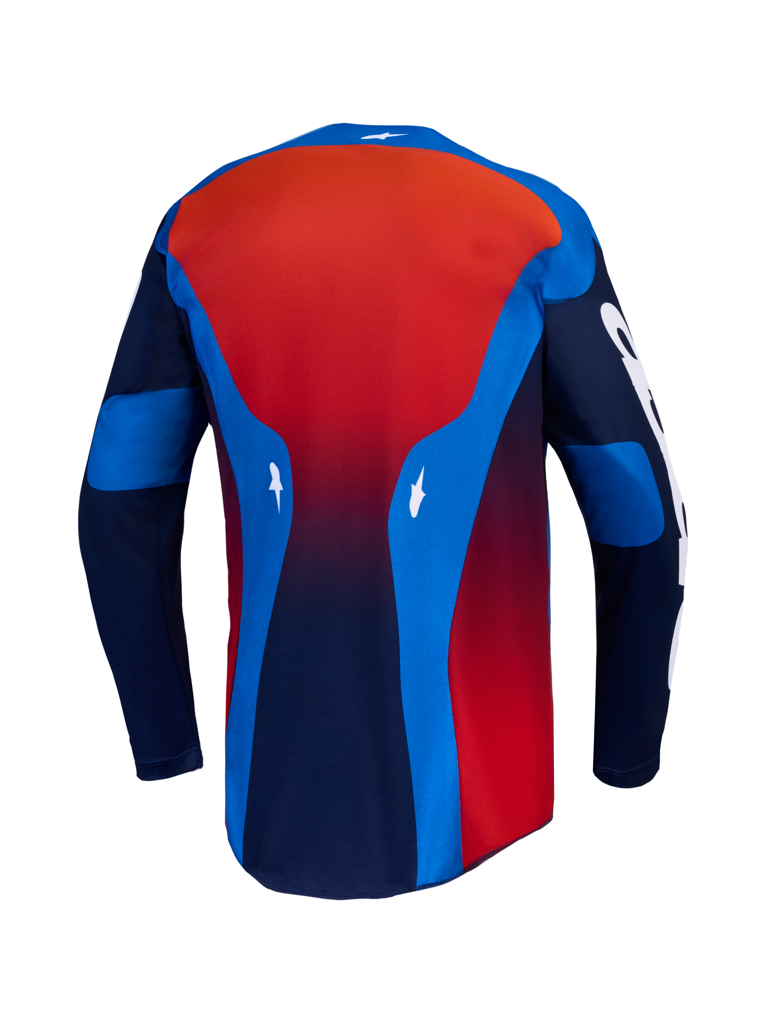Alpinestars Racer Hunt Jersey, Motocross Riding Gear, Blue and Fire Red, lightweight moisture-wicking textile, back view.