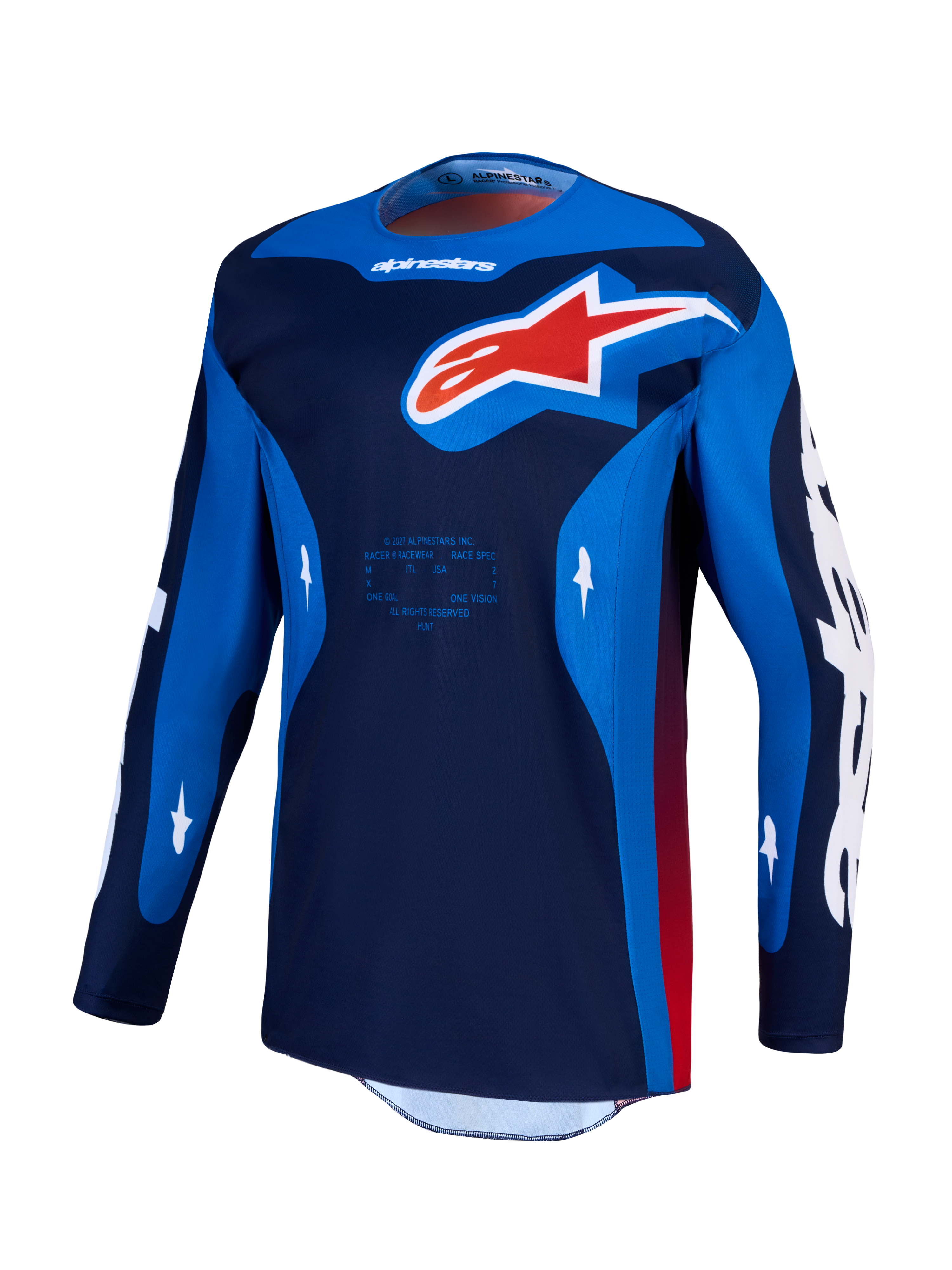 Alpinestars Racer Hunt Jersey, Motocross Performance, Men's, Strong Blue and Red, moisture-wicking polyfabric construction.