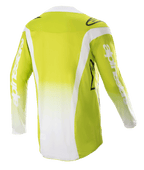 Alpinestars Techstar Push Jersey 2023, widok z tyłu, żółty fluo i biały, koszulka motocrossowa z długim rękawem, białe panele boczne i logo na rękawach, techniczna odzież off-road
