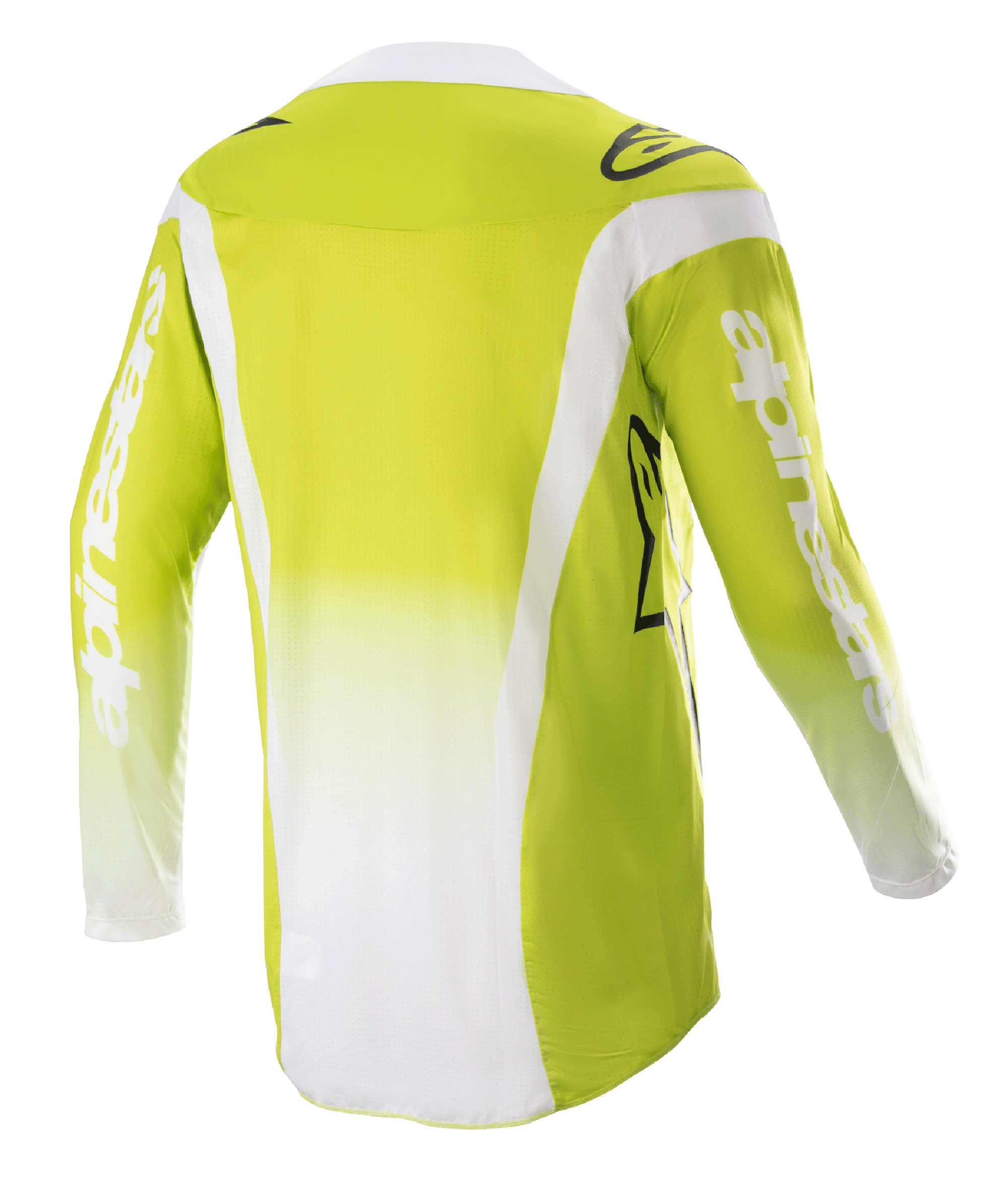 Alpinestars Techstar Push Jersey 2023, widok z tyłu, żółty fluo i biały, koszulka motocrossowa z długim rękawem, białe panele boczne i logo na rękawach, techniczna odzież off-road