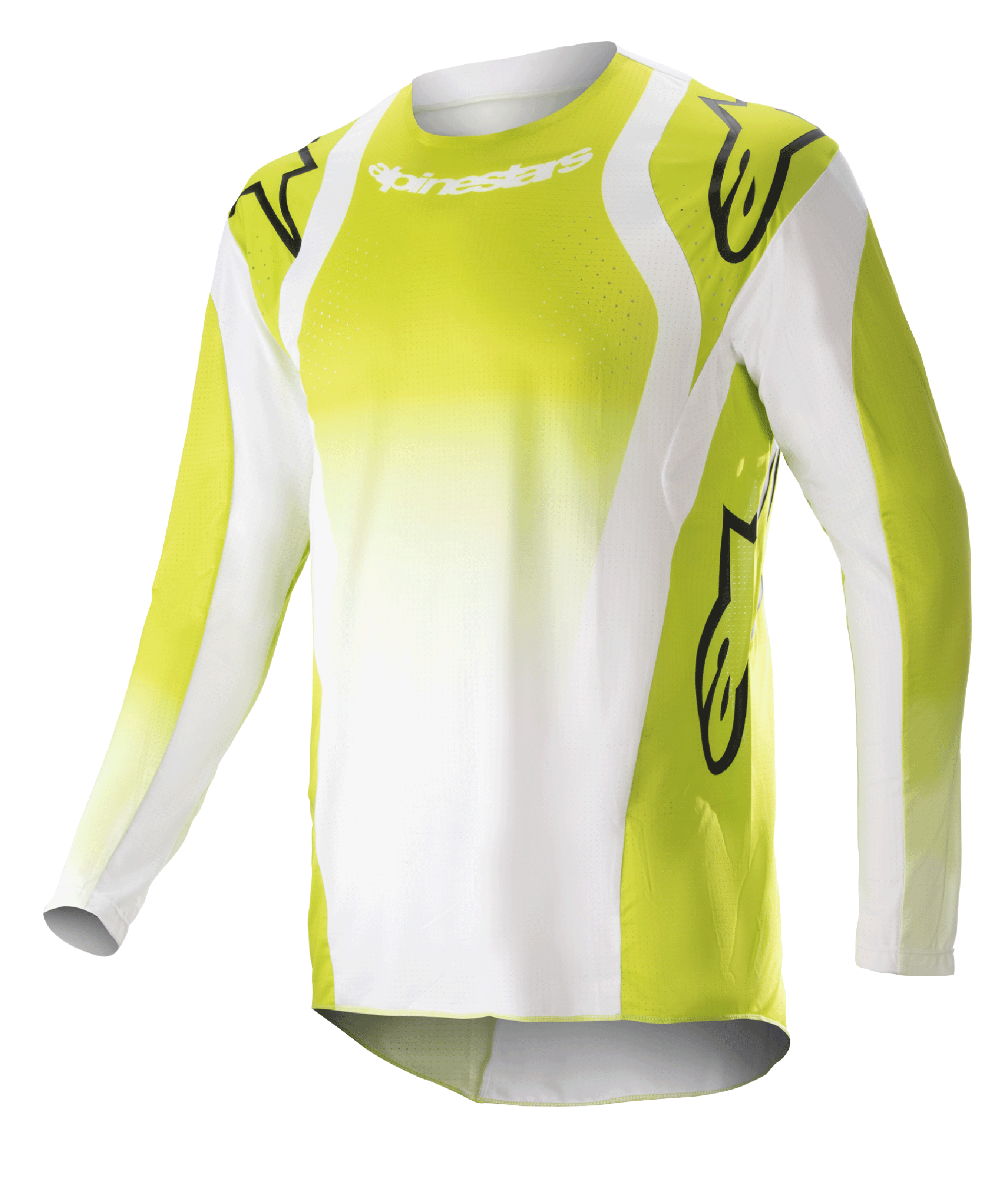 Alpinestars 2023 Techstar Push Jersey, koszulka motocrossowa z długim rękawem, żółta fluo i biała, duże czarne logo Astars na ramionach i rękawach, perforowany materiał techniczny, okrągły dekolt, przedłużony tył do wyścigów off-road