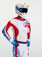Koszulka Alpinestars Racer Hunt, męska koszulka motocrossowa, biało-czerwona z niebieskim, lekka i odprowadzająca wilgoć.