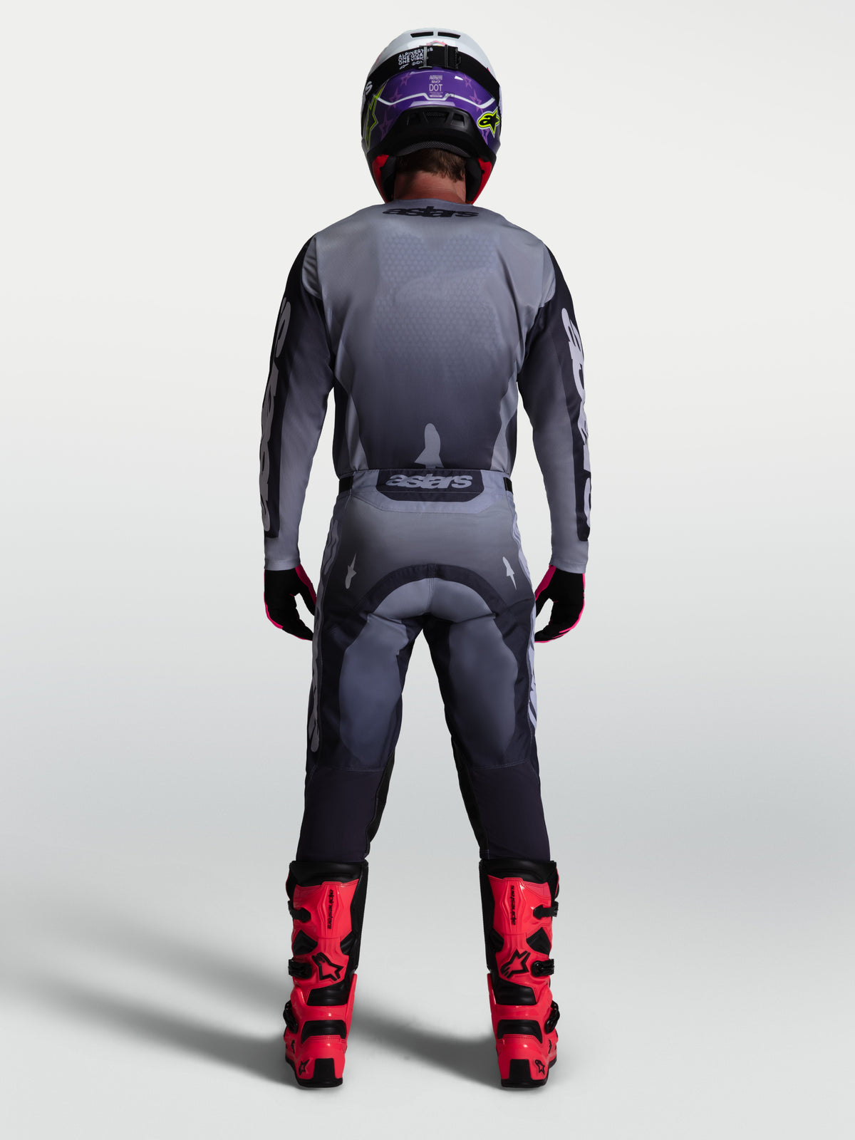 Alpinestars 2027 Racer Amber Gear Set, back view of Men's Gray and Lilac Motocross Jersey and Pants on-model.